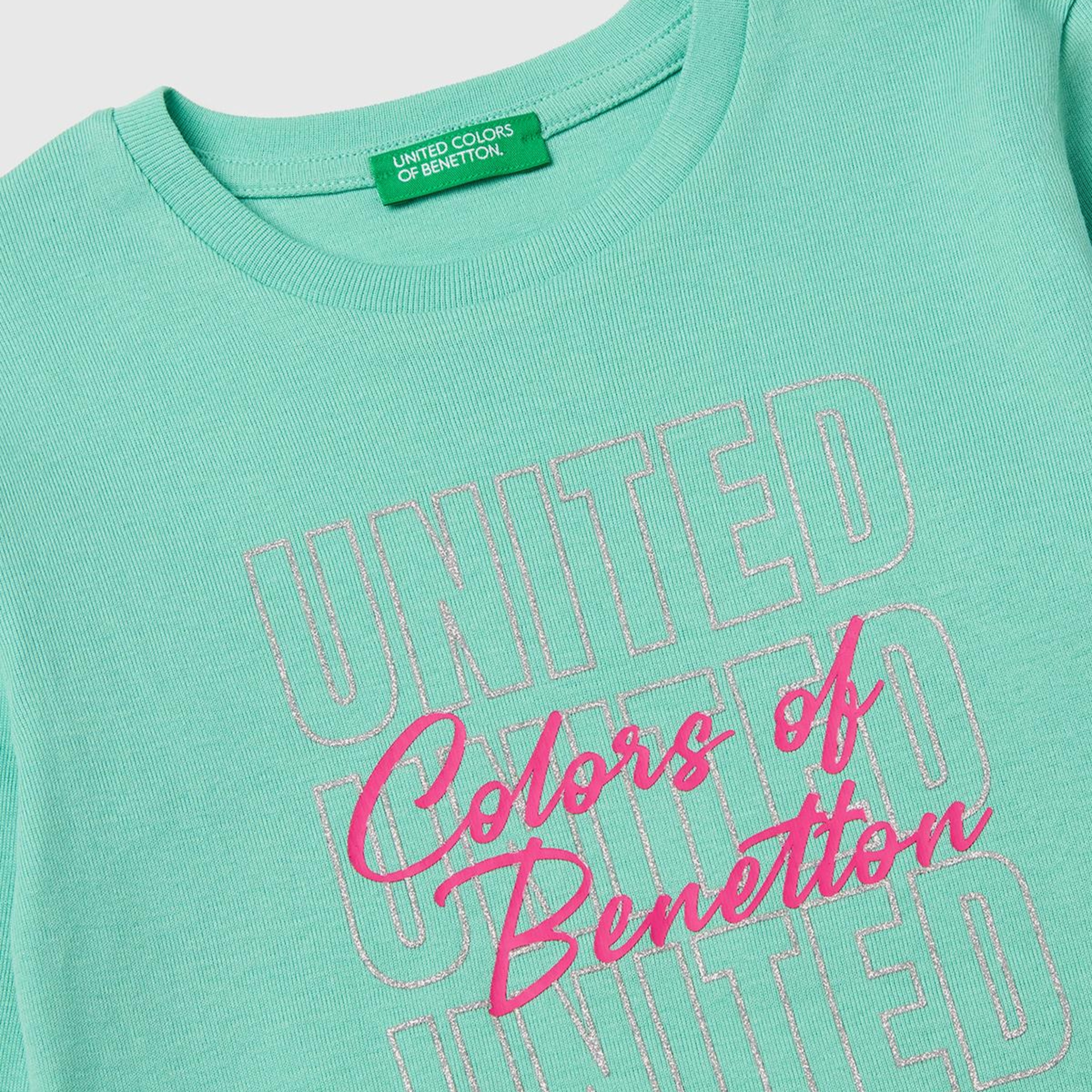 Kız Çocuk Mint Simli Logo Detaylı Bisiklet Yaka Uzun Kollu T-Shirt