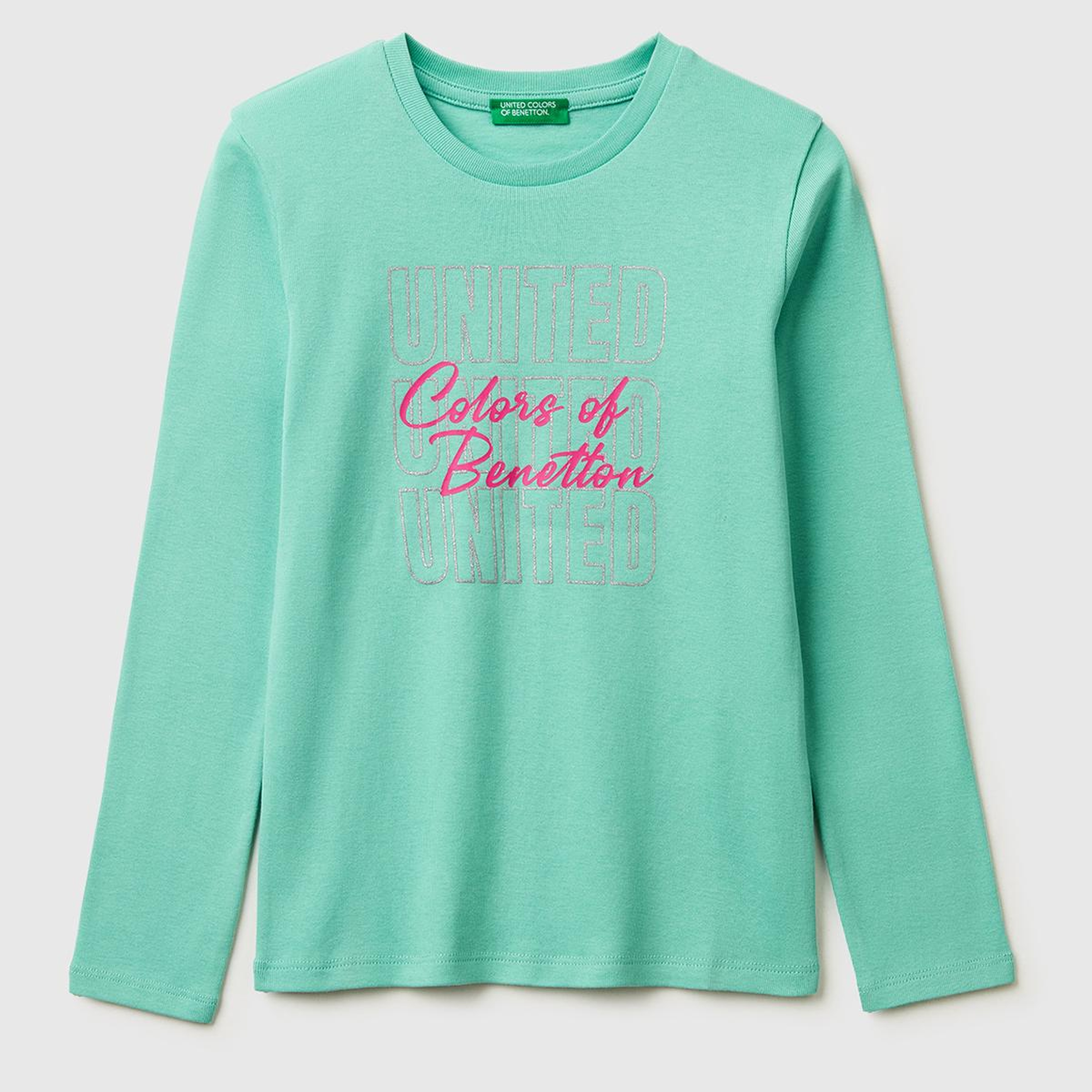 Kız Çocuk Mint Simli Logo Detaylı Bisiklet Yaka Uzun Kollu T-Shirt