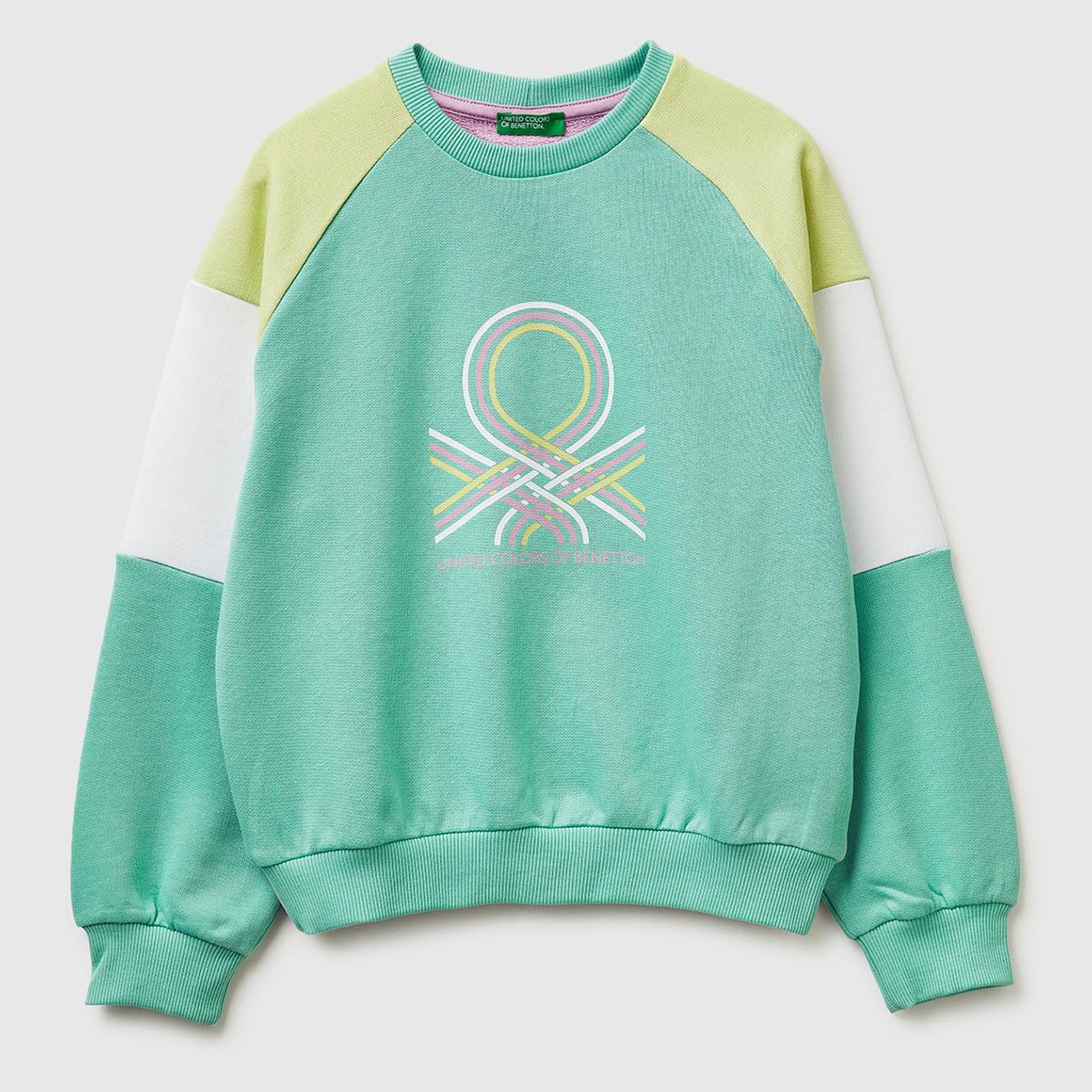 Kız Çocuk Yeşil Mix Renkli Baskılı Kontrast Detaylı Logolu Bisiklet Yaka Sweatshirt