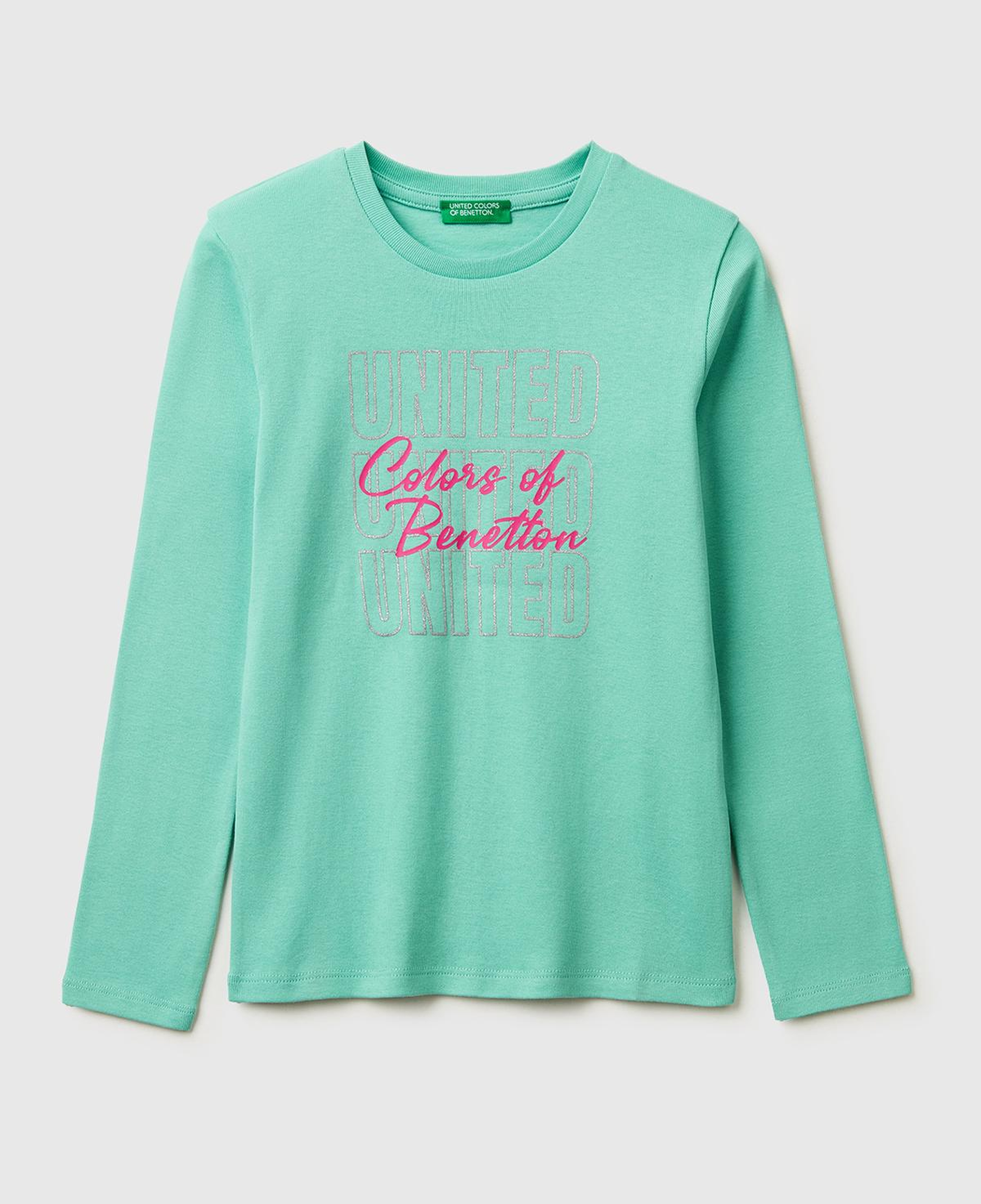 Kız Çocuk Mint Simli Logo Detaylı Bisiklet Yaka Uzun Kollu T-Shirt
