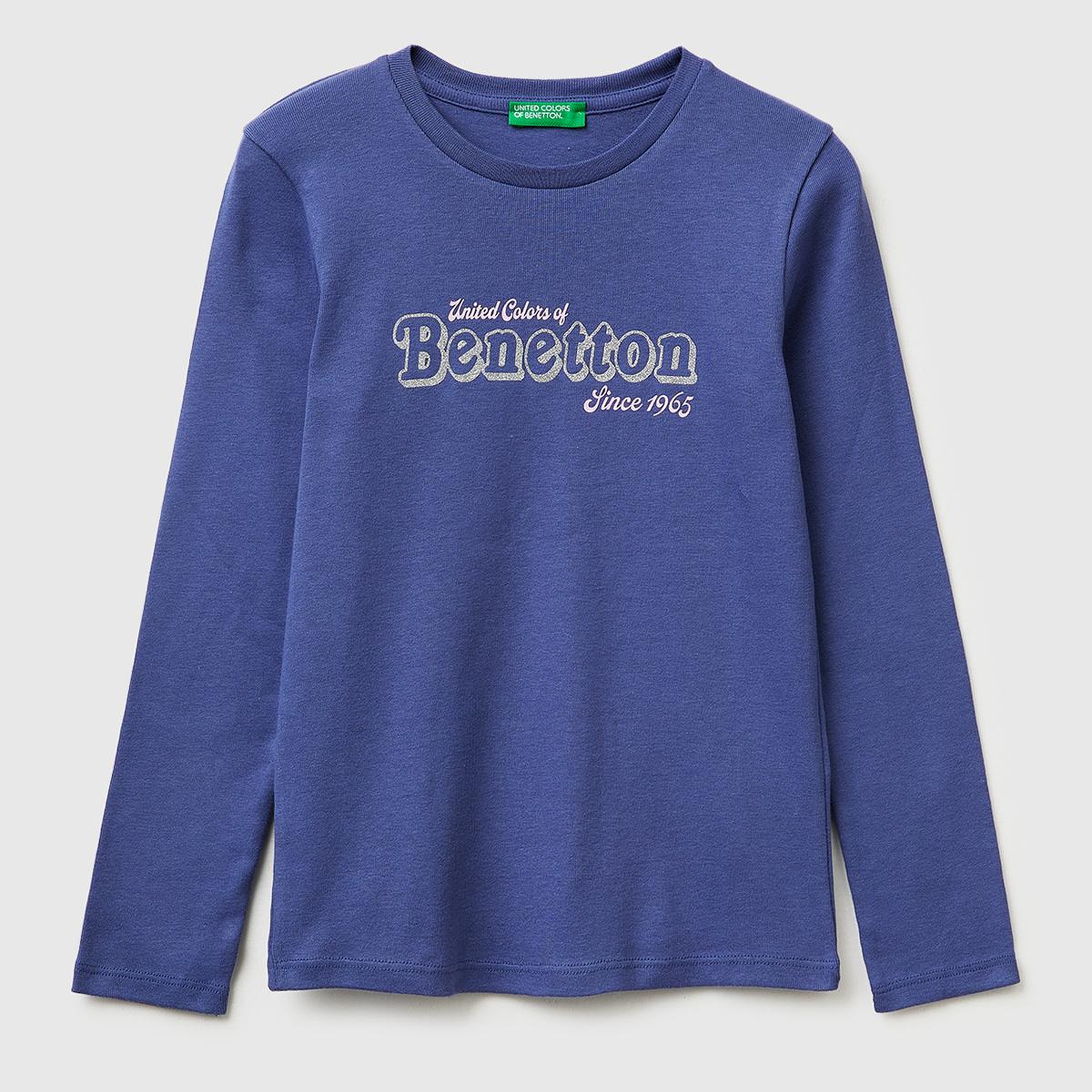 Kız Çocuk Koyu Lacivert Simli Logo Detaylı Bisiklet Yaka Uzun Kollu T-Shirt
