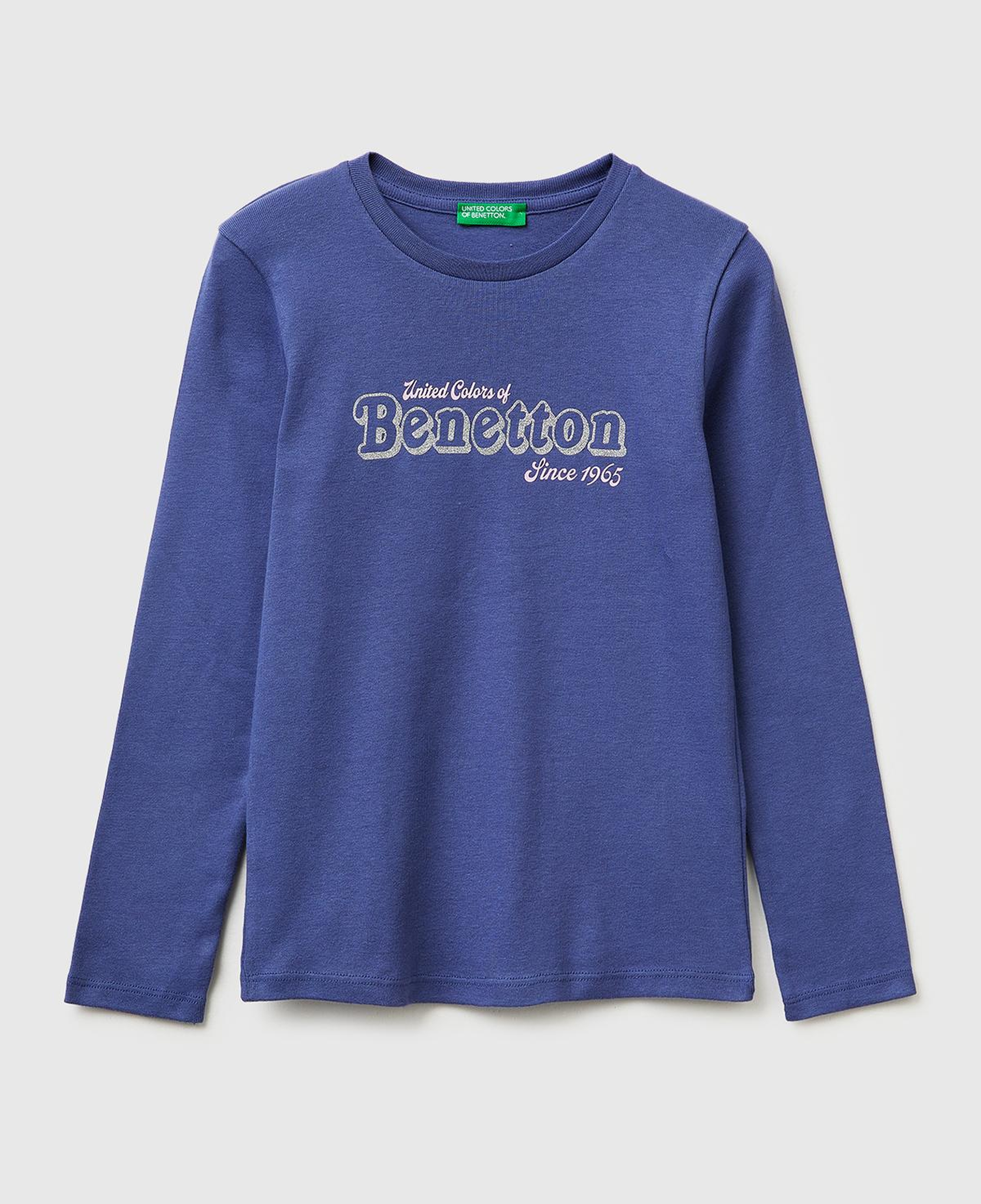 Kız Çocuk Koyu Lacivert Simli Logo Detaylı Bisiklet Yaka Uzun Kollu T-Shirt