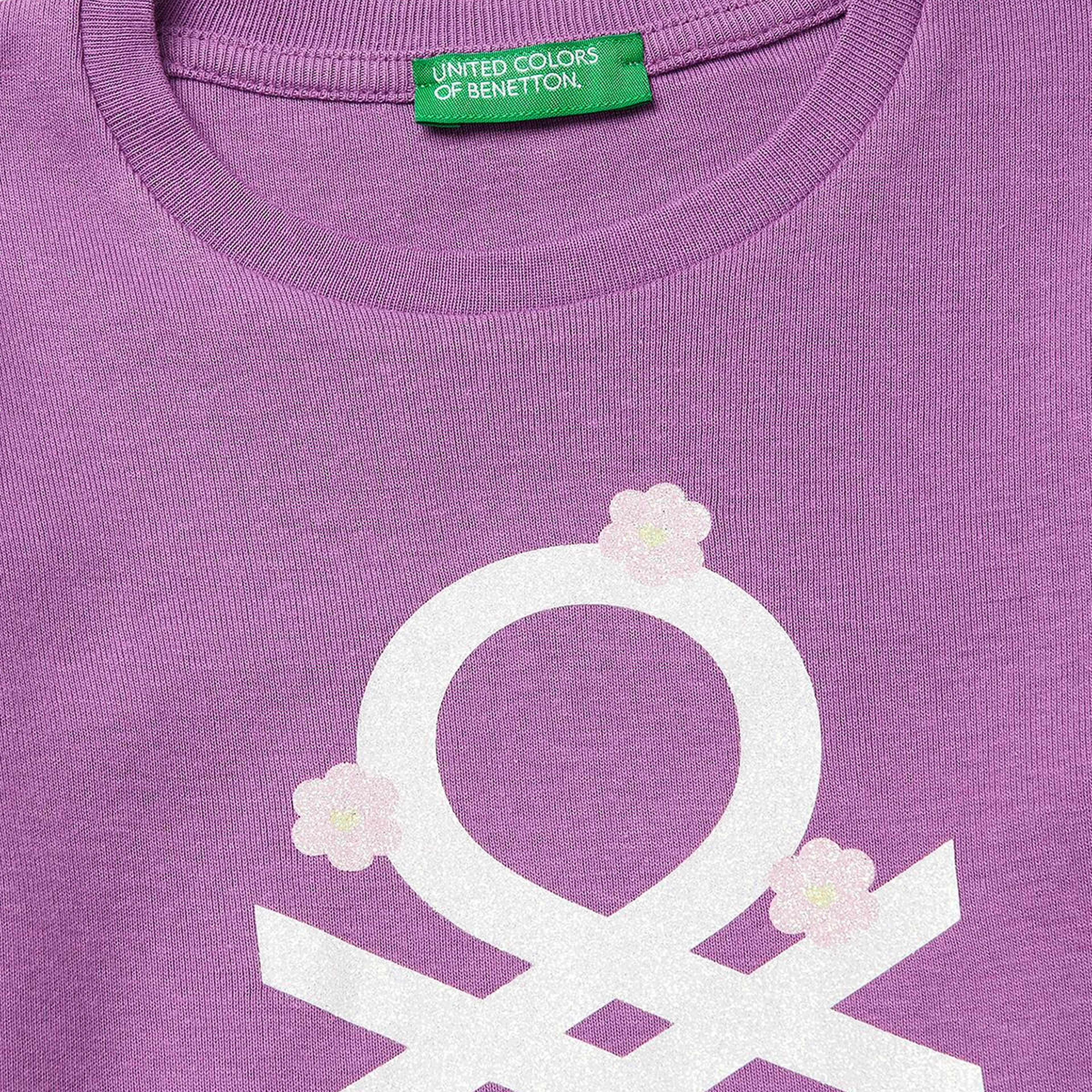 Kız Çocuk Mor Simli Renkli Grafik Baskılı Yuvarlak Yaka Uzun Kollu T-Shirt