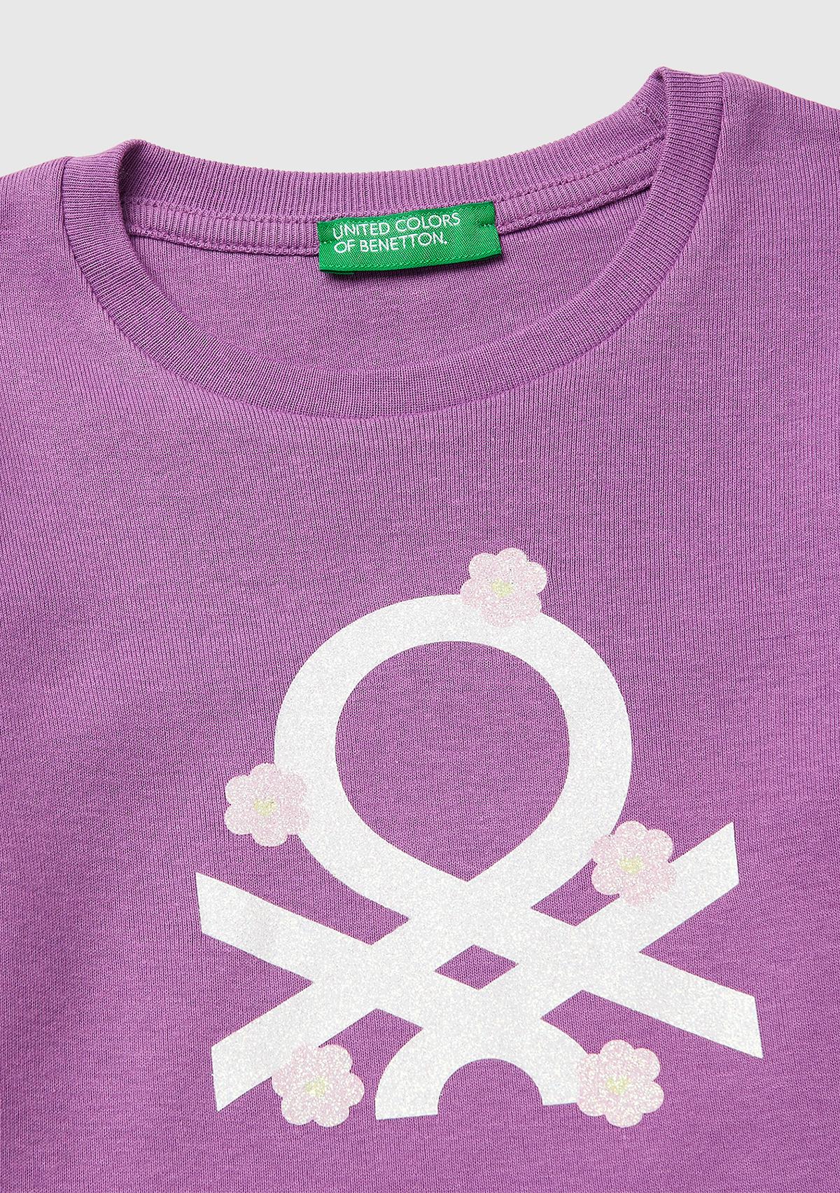 Kız Çocuk Mor Simli Renkli Grafik Baskılı Yuvarlak Yaka Uzun Kollu T-Shirt