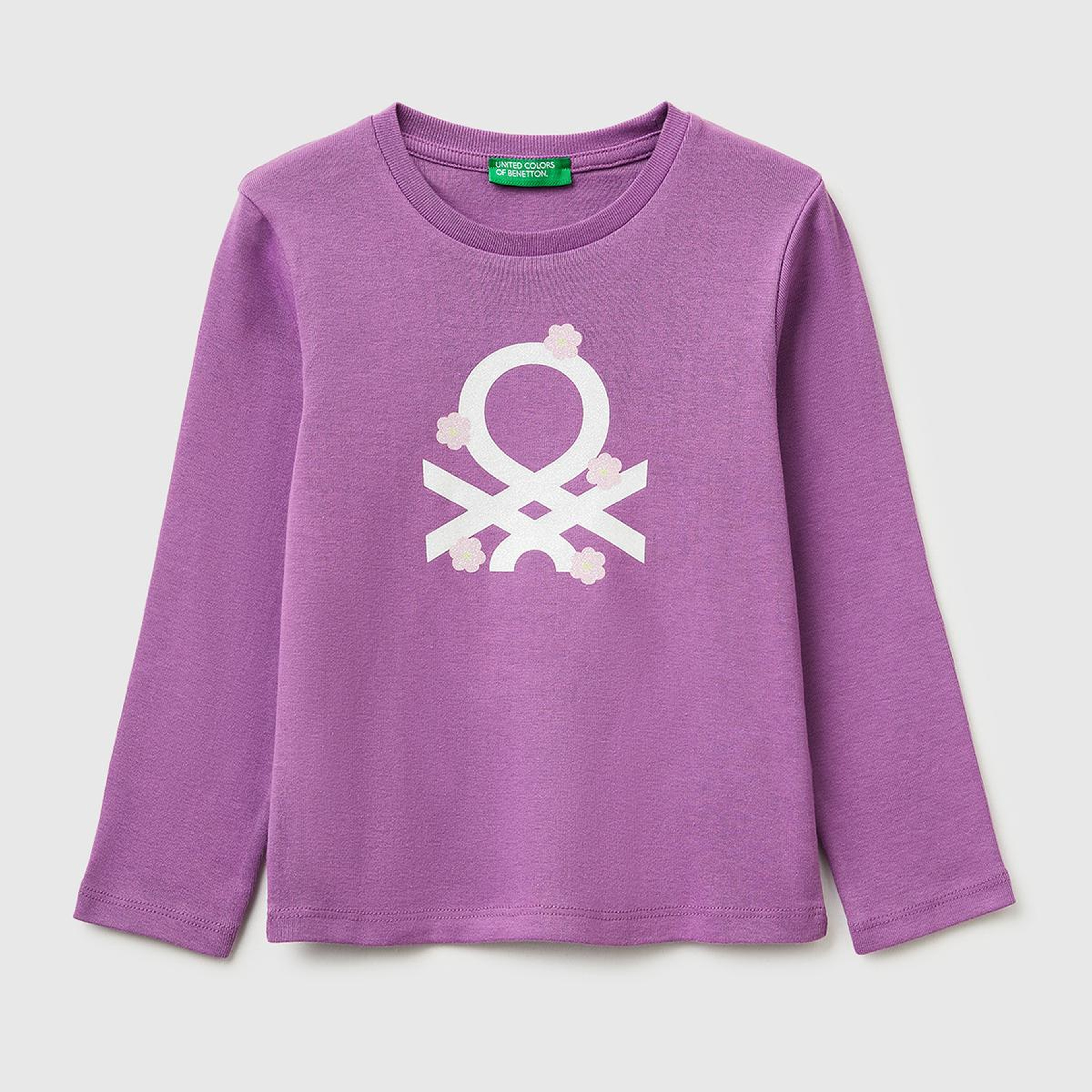 Kız Çocuk Mor Simli Renkli Grafik Baskılı Yuvarlak Yaka Uzun Kollu T-Shirt