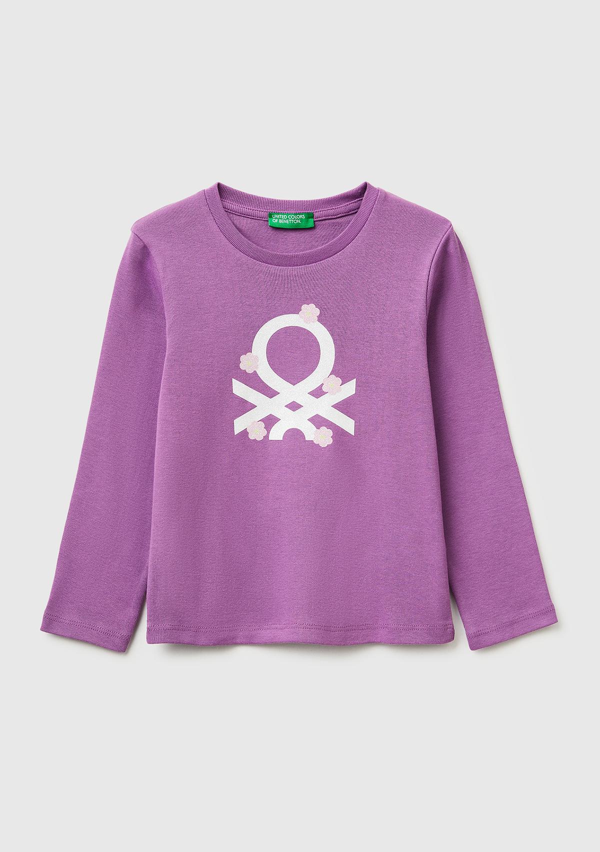 Kız Çocuk Mor Simli Renkli Grafik Baskılı Yuvarlak Yaka Uzun Kollu T-Shirt