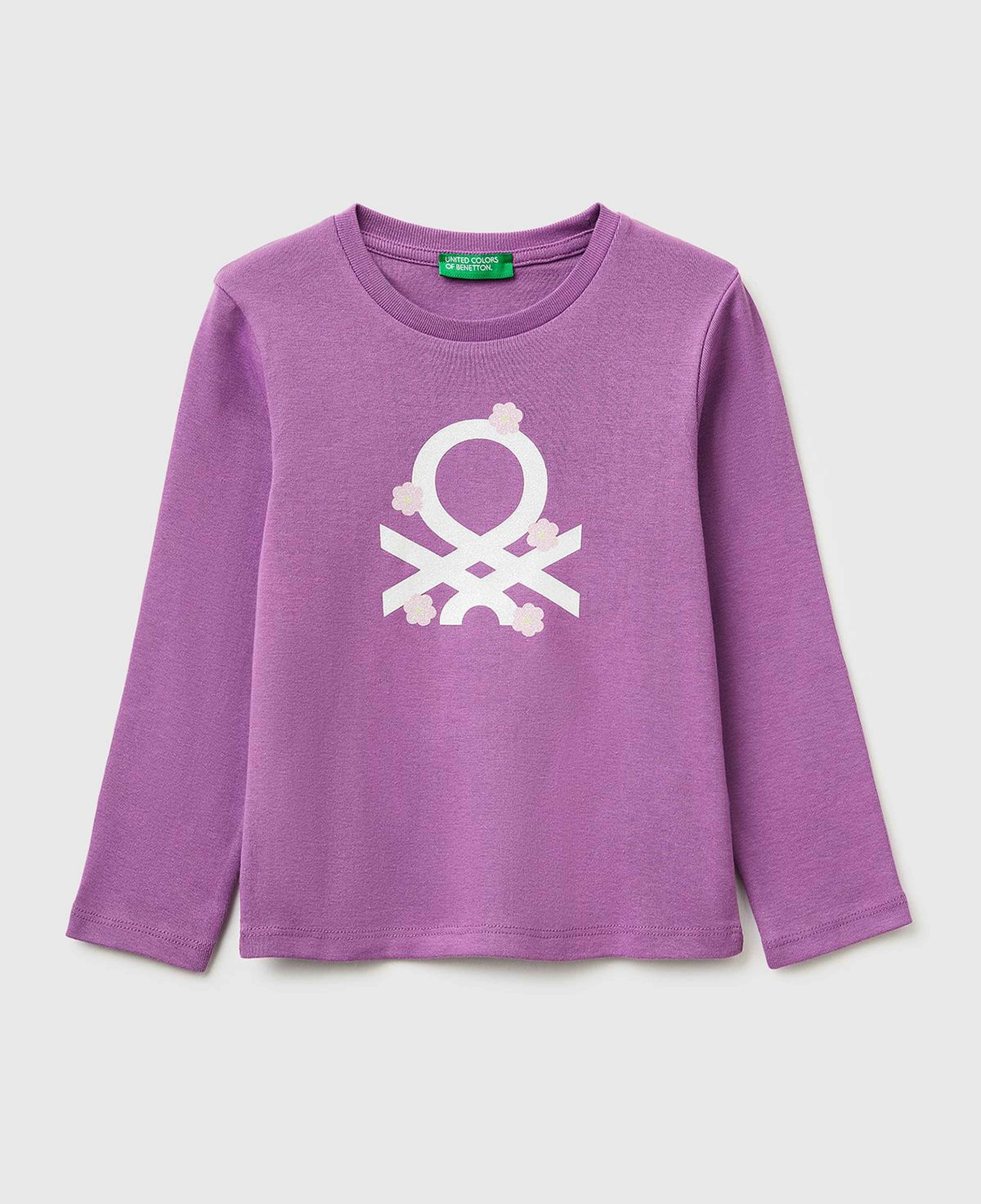 Kız Çocuk Mor Simli Renkli Grafik Baskılı Yuvarlak Yaka Uzun Kollu T-Shirt