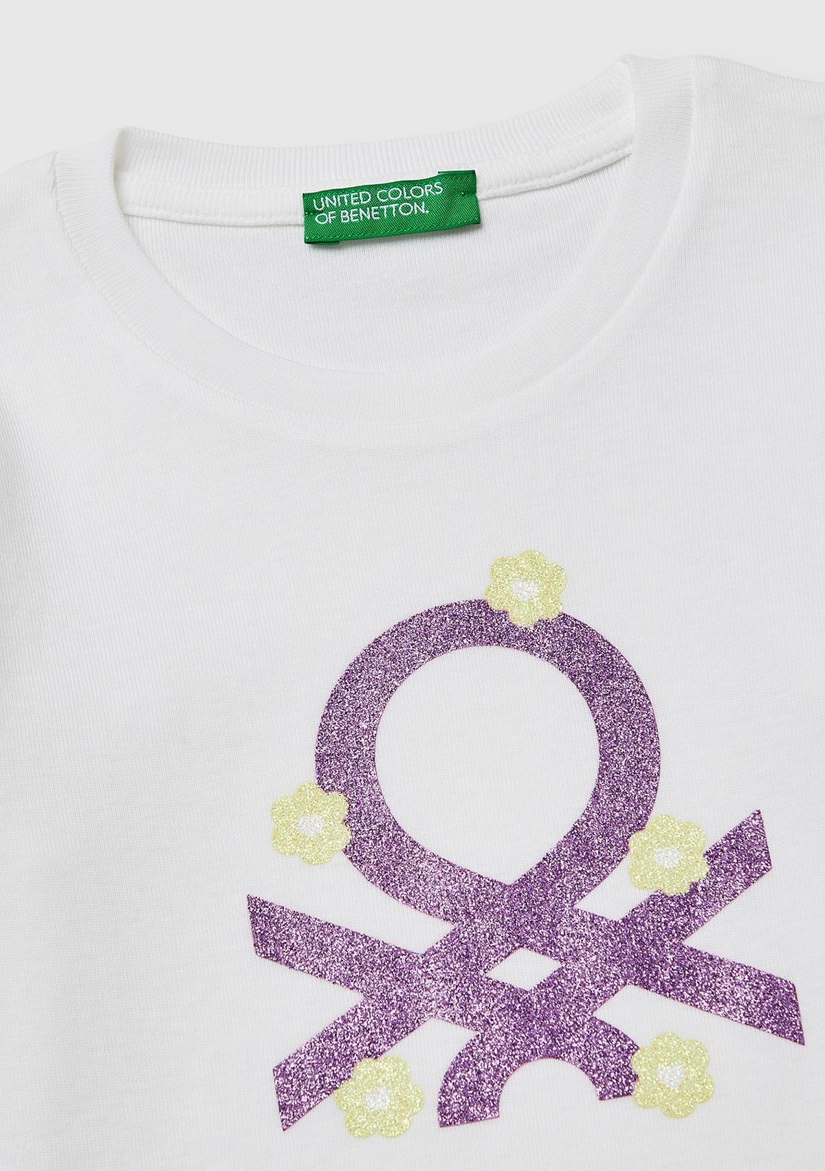 Kız Çocuk Beyaz Simli Renkli Grafik Baskılı Yuvarlak Yaka Uzun Kollu T-Shirt