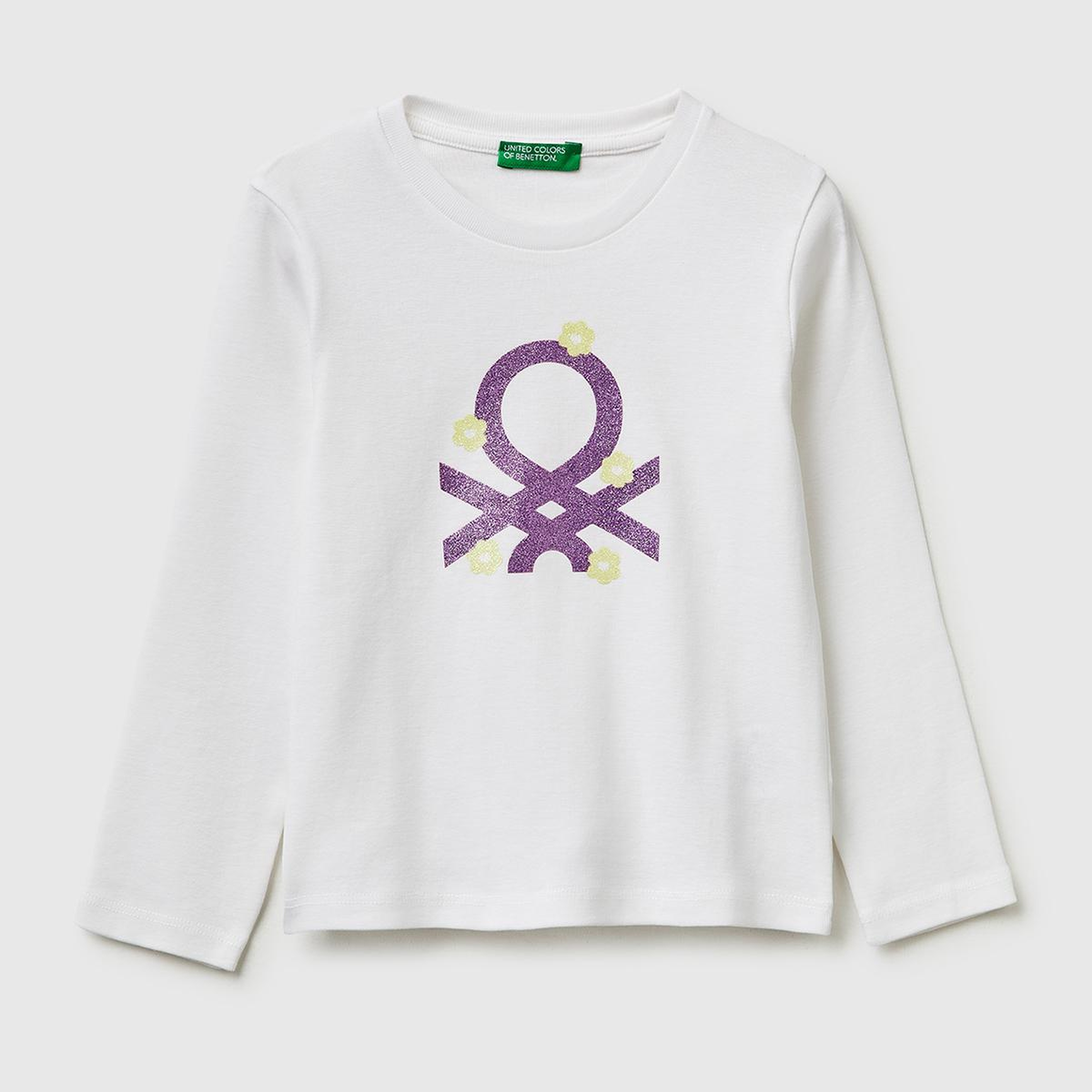 Kız Çocuk Beyaz Simli Renkli Grafik Baskılı Yuvarlak Yaka Uzun Kollu T-Shirt