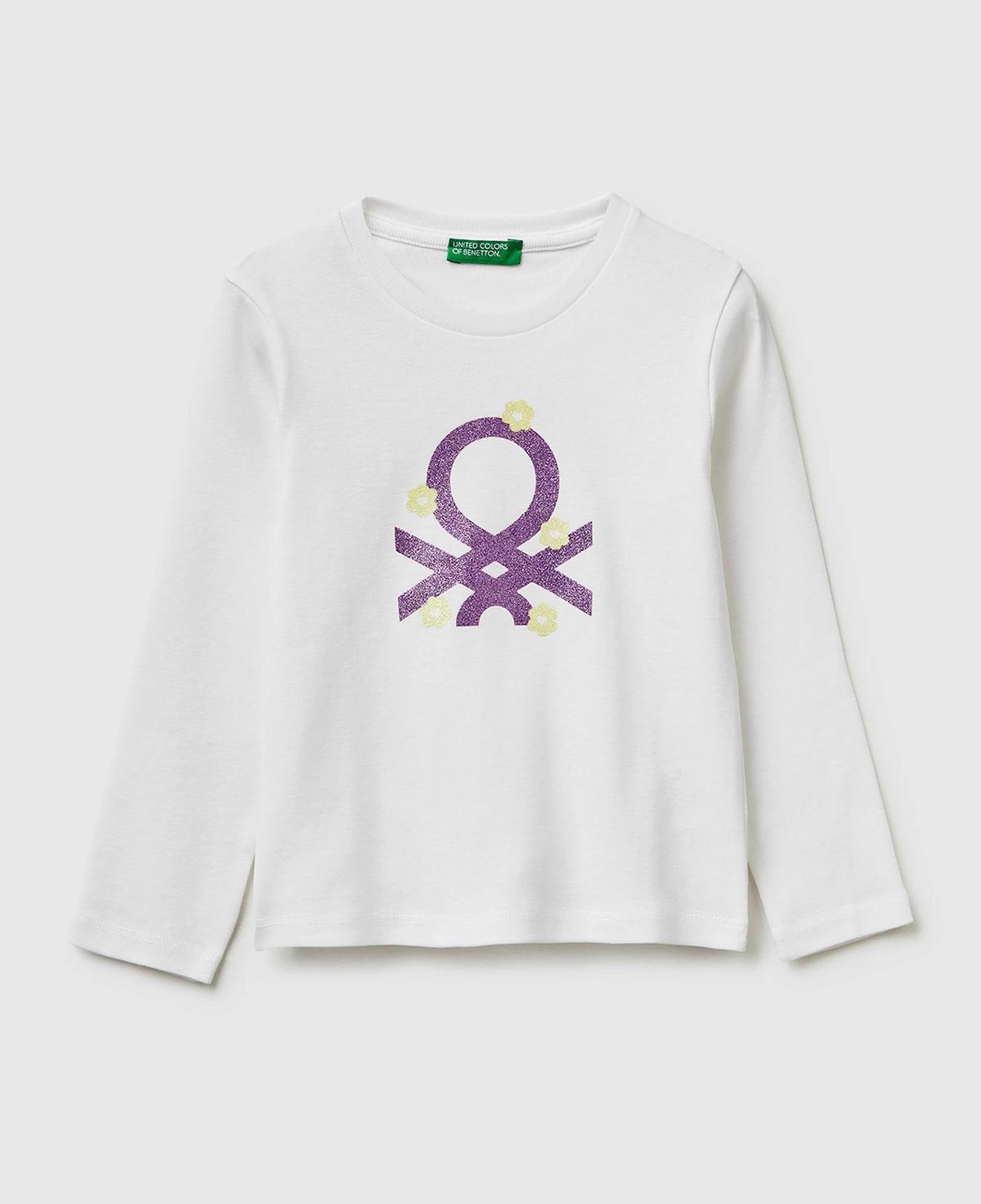 Kız Çocuk Beyaz Simli Renkli Grafik Baskılı Yuvarlak Yaka Uzun Kollu T-Shirt