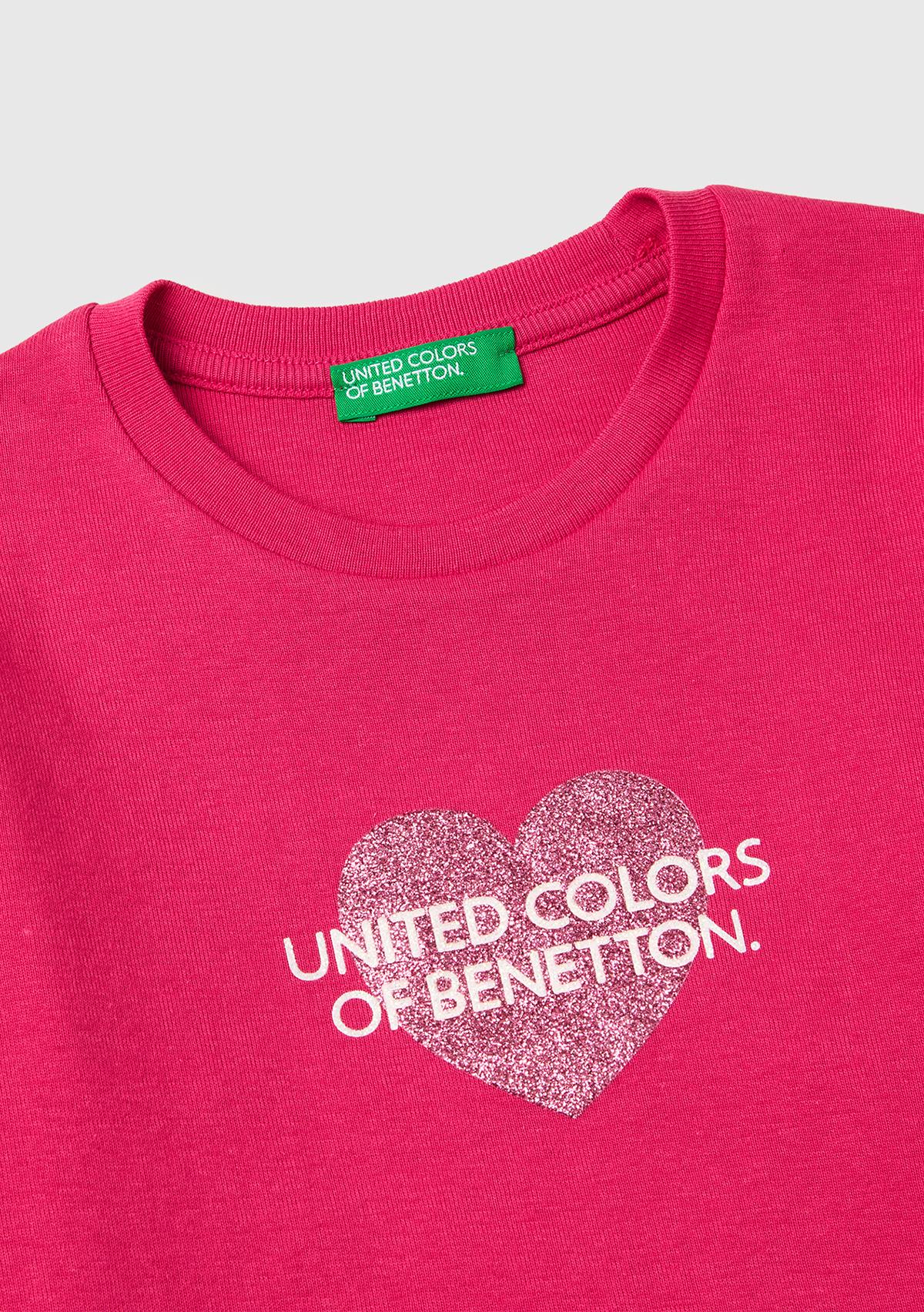 Kız Çocuk Koyu Pembe Simli Renkli Grafik Baskılı Yuvarlak Yaka Uzun Kollu T-Shirt