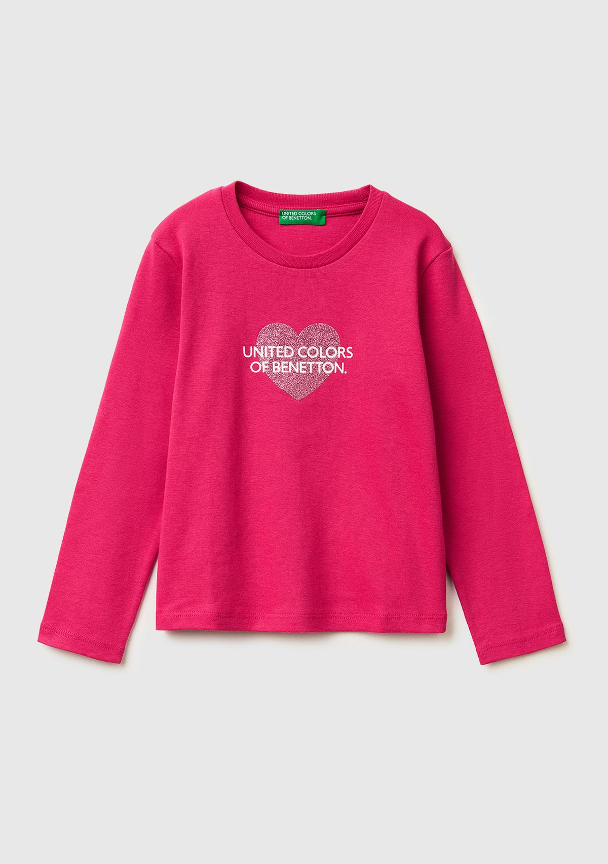 Kız Çocuk Koyu Pembe Simli Renkli Grafik Baskılı Yuvarlak Yaka Uzun Kollu T-Shirt