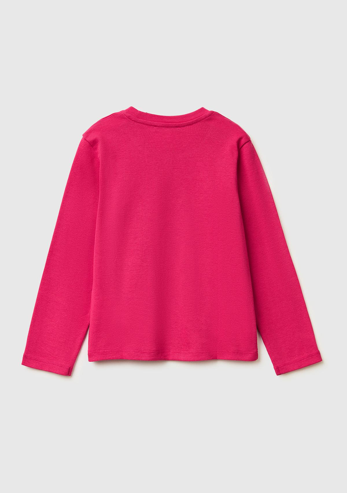 Kız Çocuk Koyu Pembe Simli Renkli Grafik Baskılı Yuvarlak Yaka Uzun Kollu T-Shirt