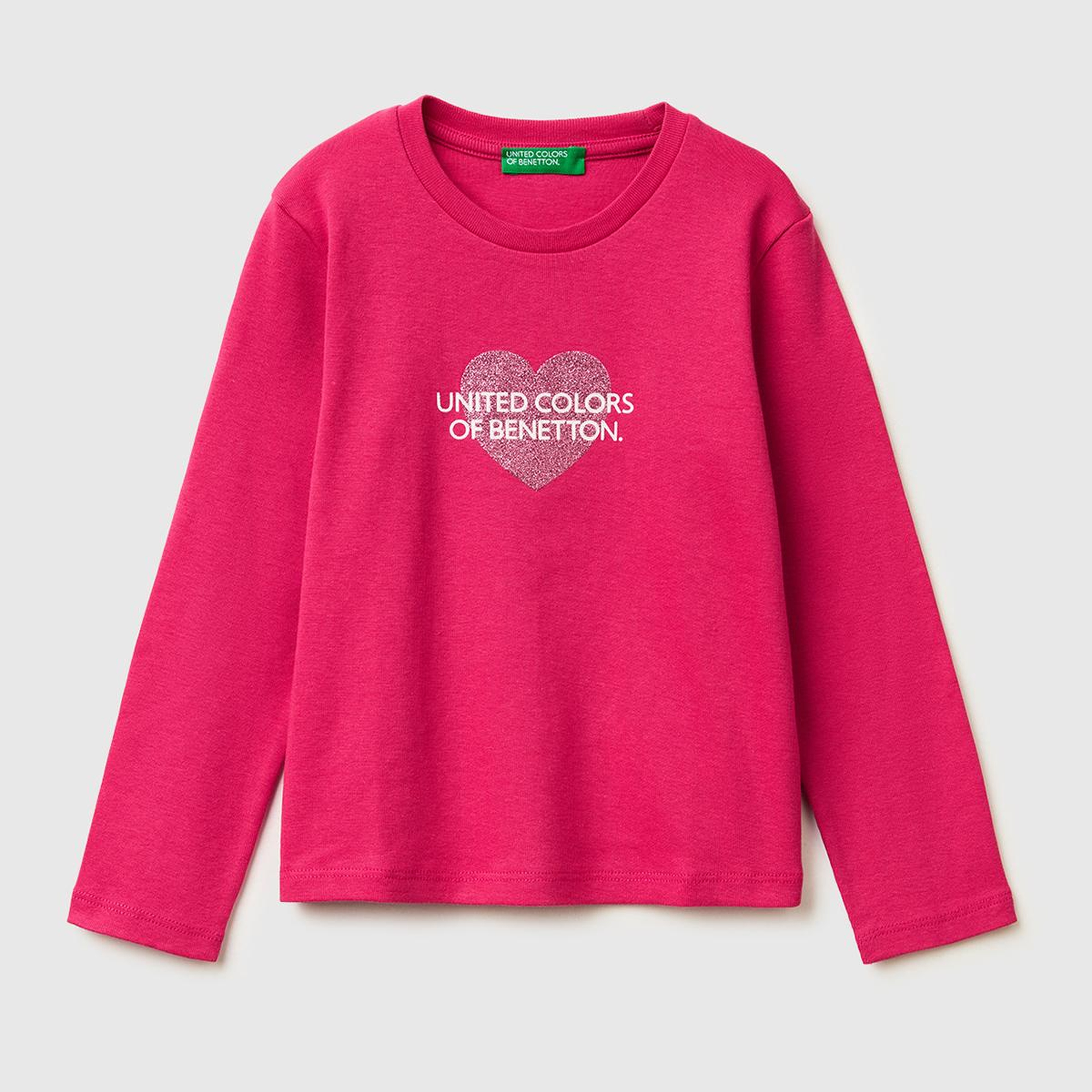 Kız Çocuk Koyu Pembe Simli Renkli Grafik Baskılı Yuvarlak Yaka Uzun Kollu T-Shirt