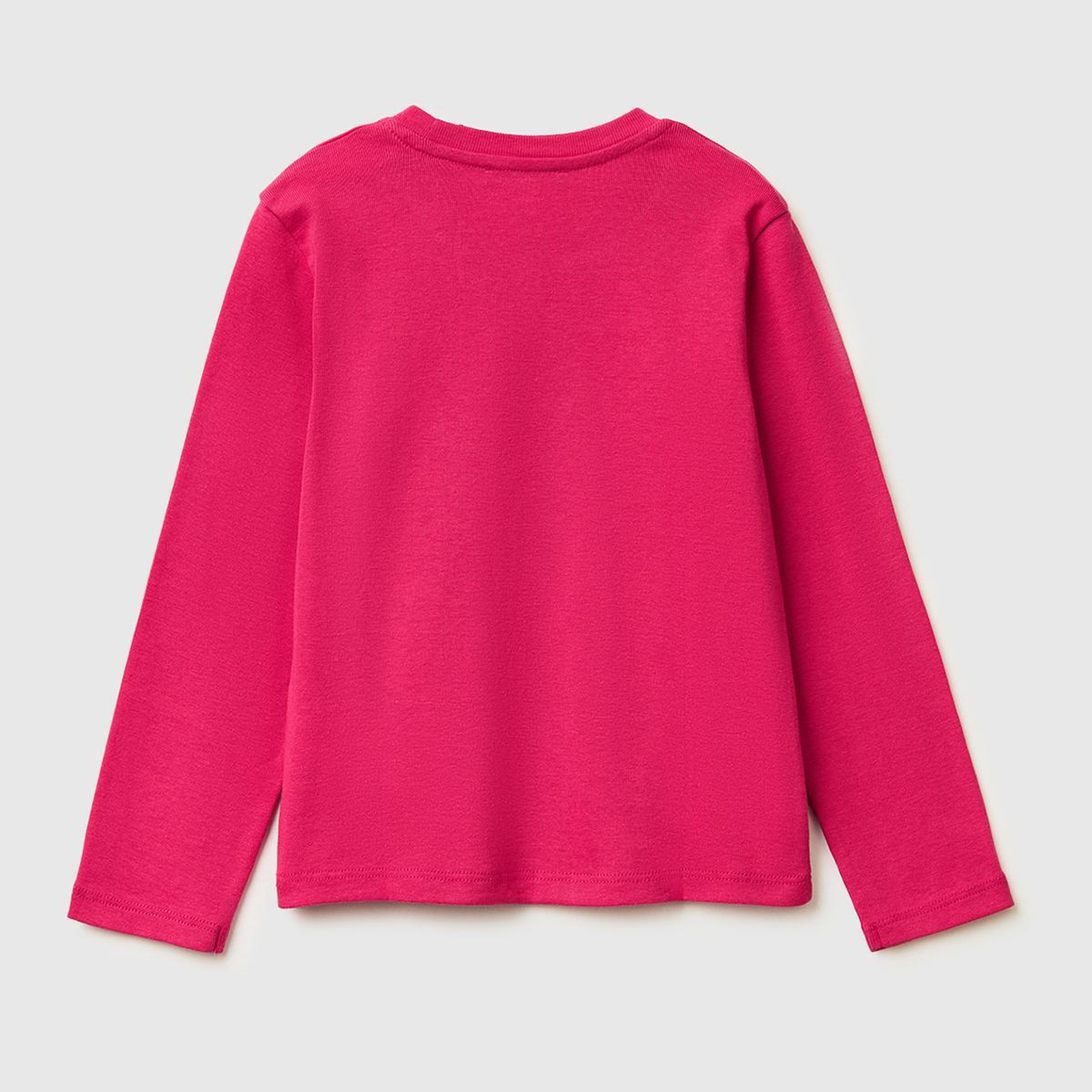 Kız Çocuk Koyu Pembe Simli Renkli Grafik Baskılı Yuvarlak Yaka Uzun Kollu T-Shirt