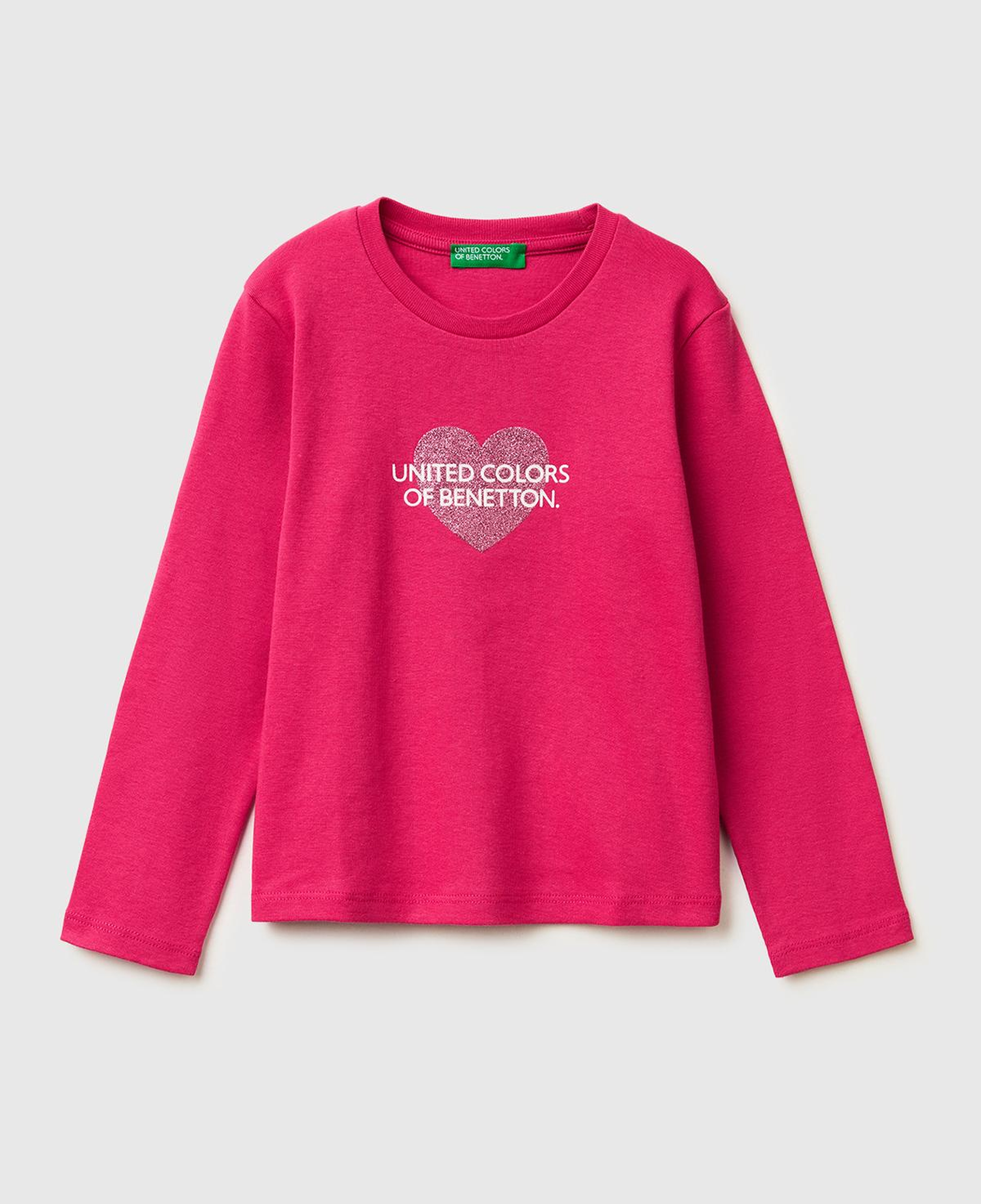 Kız Çocuk Koyu Pembe Simli Renkli Grafik Baskılı Yuvarlak Yaka Uzun Kollu T-Shirt
