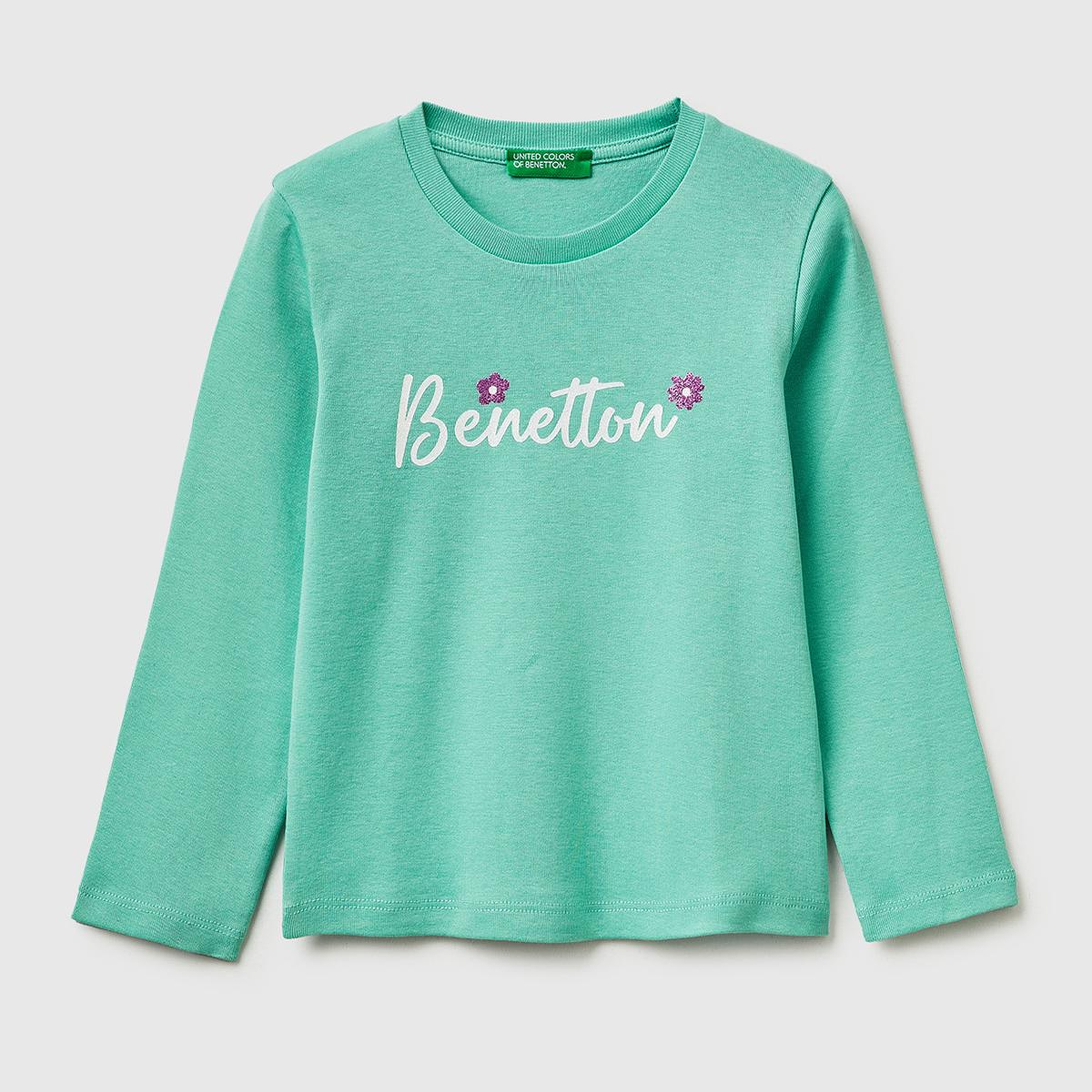 Kız Çocuk Mint Simli Renkli Grafik Baskılı Yuvarlak Yaka Uzun Kollu T-Shirt