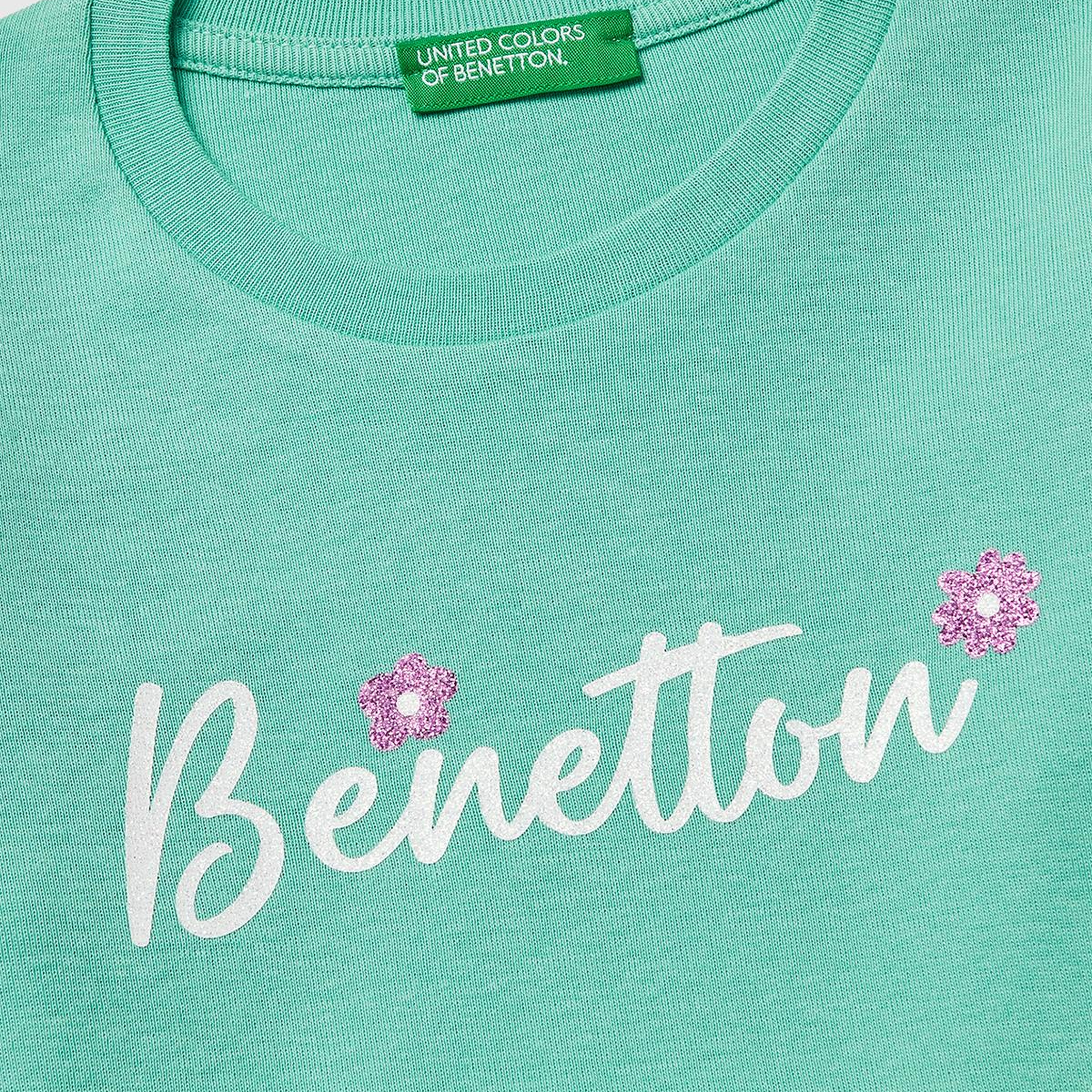 Kız Çocuk Mint Simli Renkli Grafik Baskılı Yuvarlak Yaka Uzun Kollu T-Shirt