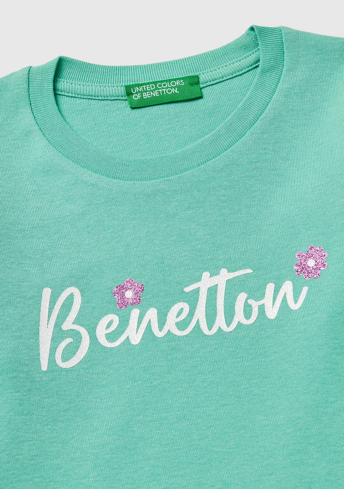 Kız Çocuk Mint Simli Renkli Grafik Baskılı Yuvarlak Yaka Uzun Kollu T-Shirt