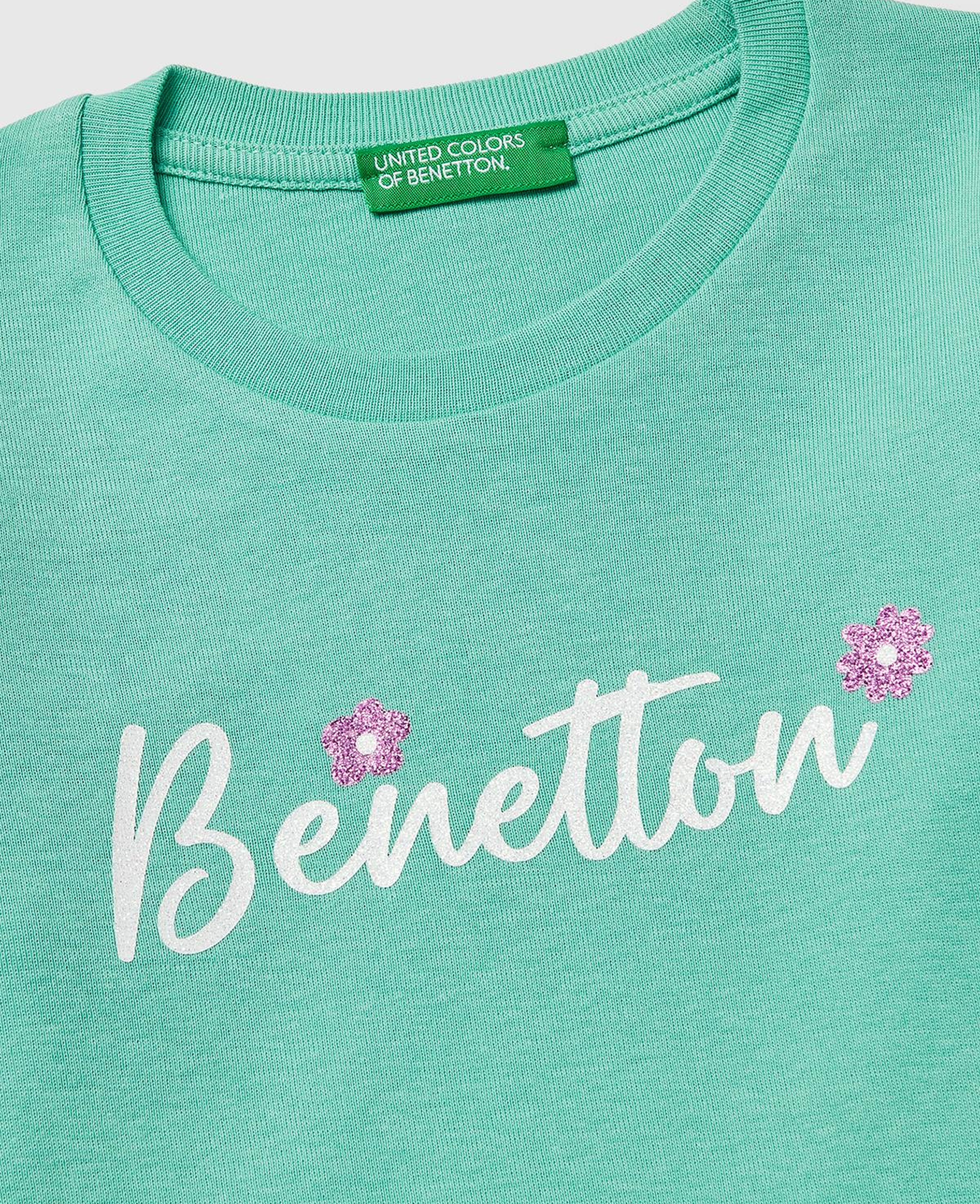 Kız Çocuk Mint Simli Renkli Grafik Baskılı Yuvarlak Yaka Uzun Kollu T-Shirt