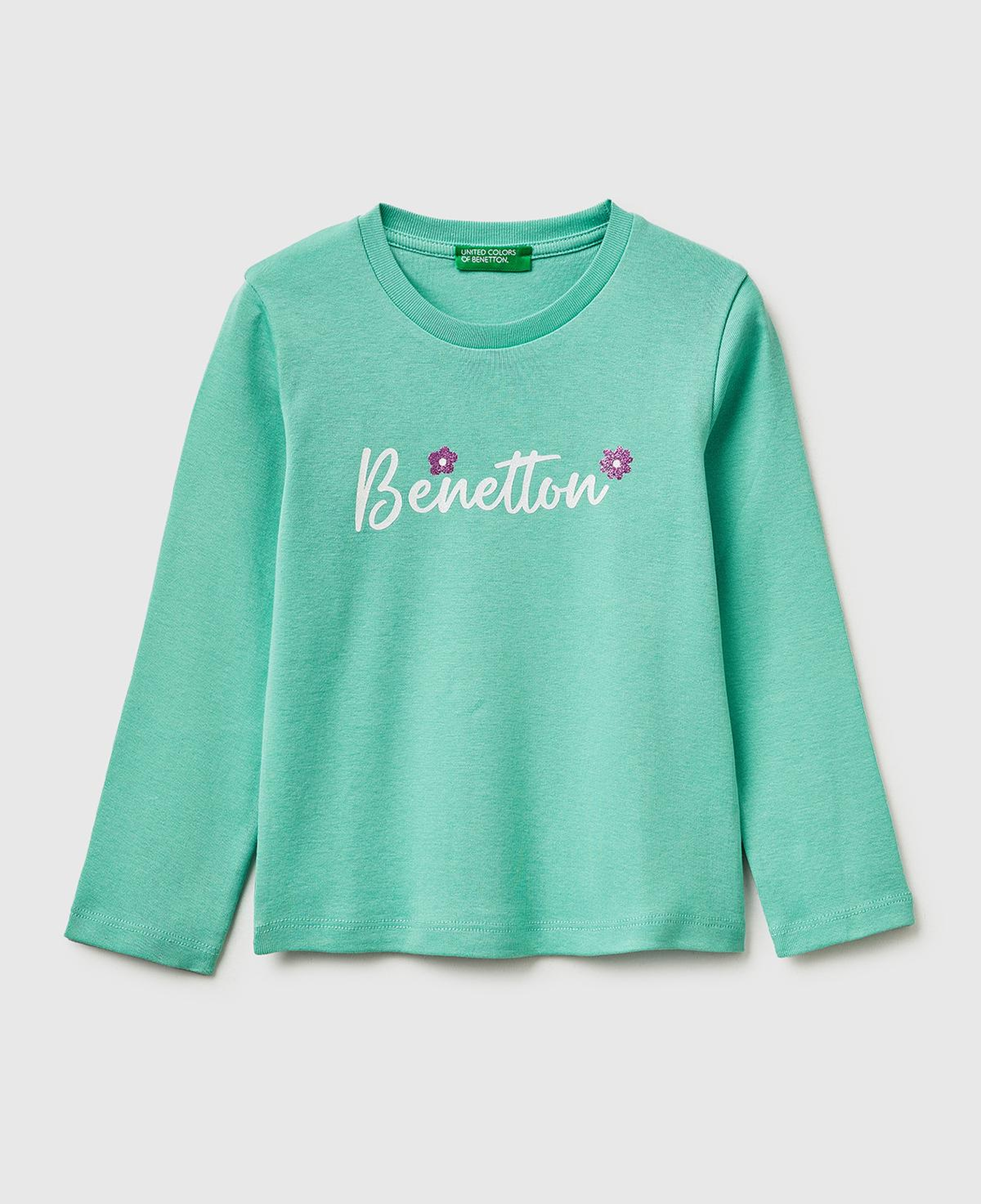 Kız Çocuk Mint Simli Renkli Grafik Baskılı Yuvarlak Yaka Uzun Kollu T-Shirt