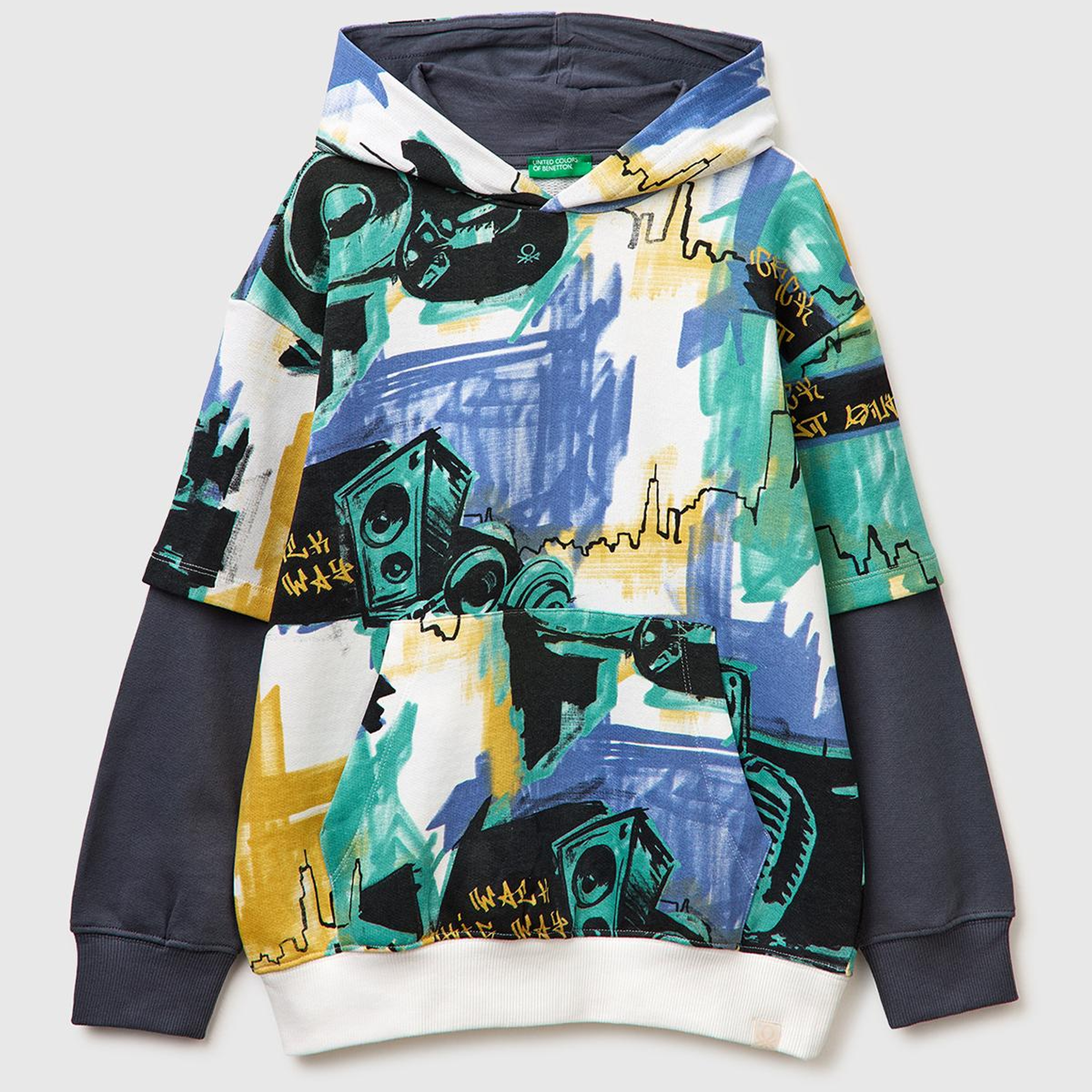 Erkek Çocuk Koyu Mavi Mix Tamamı Desenli Çift Kollu Logo Etiketli Kapüşonlu Sweatshirt