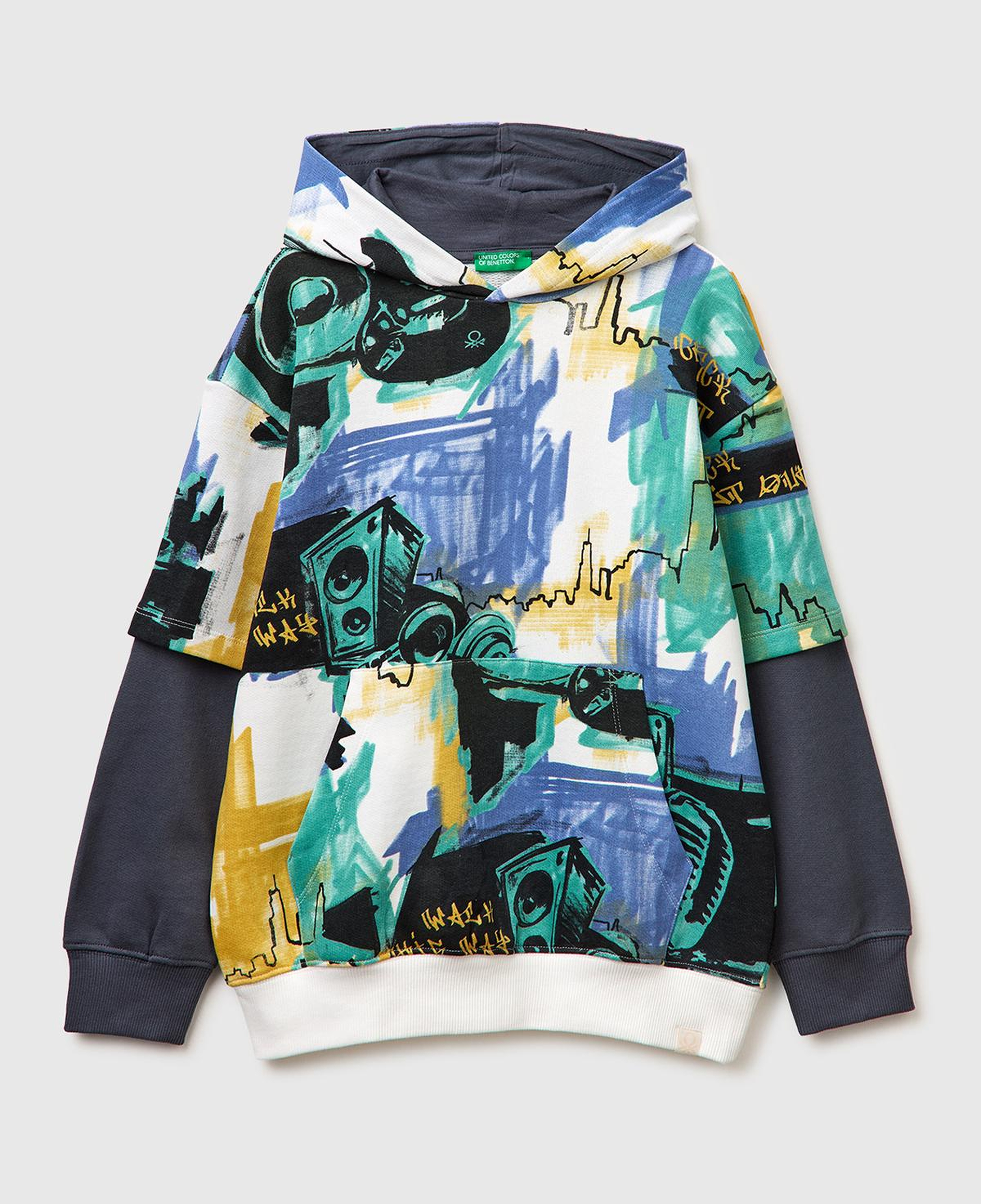 Erkek Çocuk Koyu Mavi Mix Tamamı Desenli Çift Kollu Logo Etiketli Kapüşonlu Sweatshirt