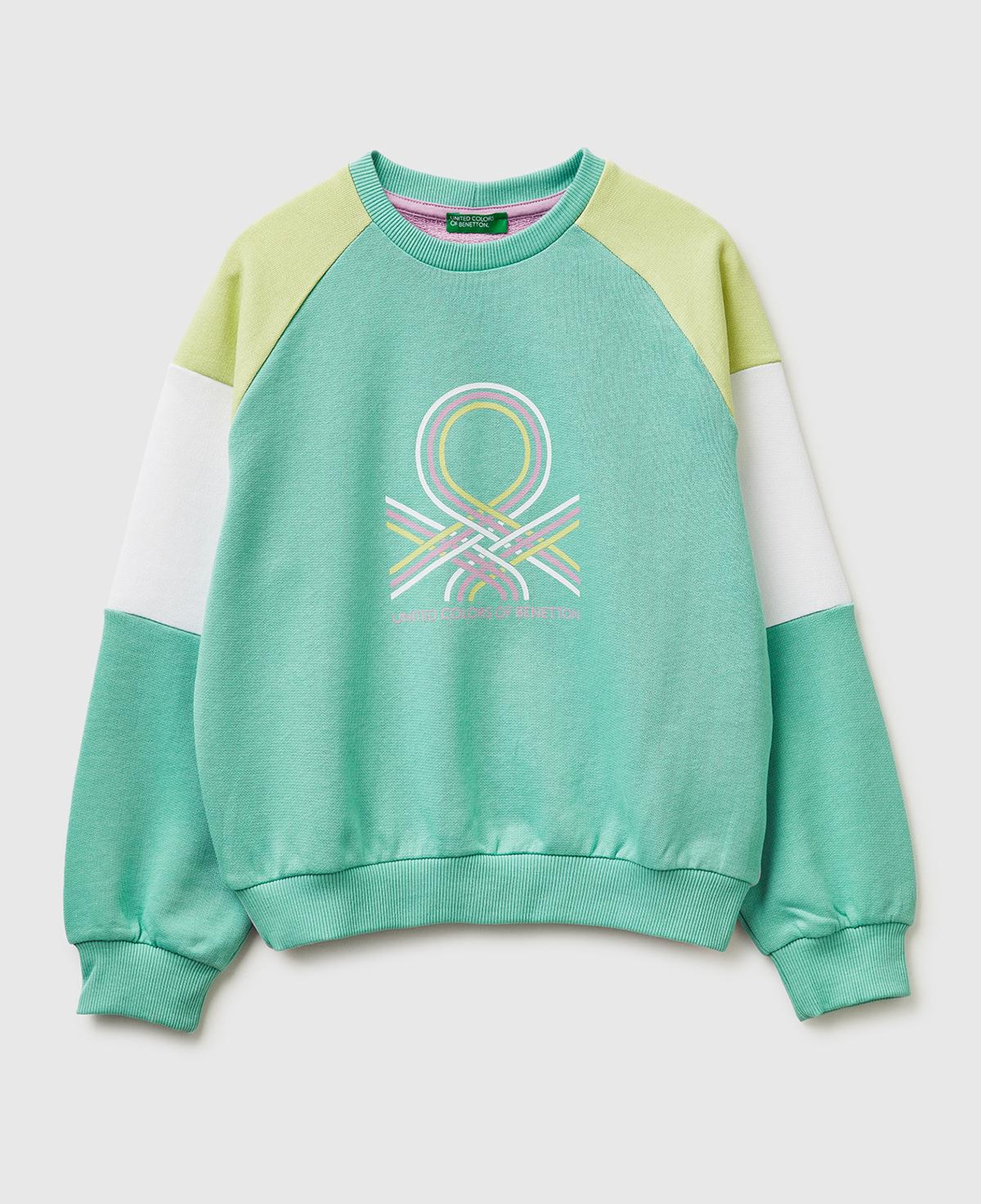 Kız Çocuk Yeşil Mix Renkli Baskılı Kontrast Detaylı Logolu Bisiklet Yaka Sweatshirt