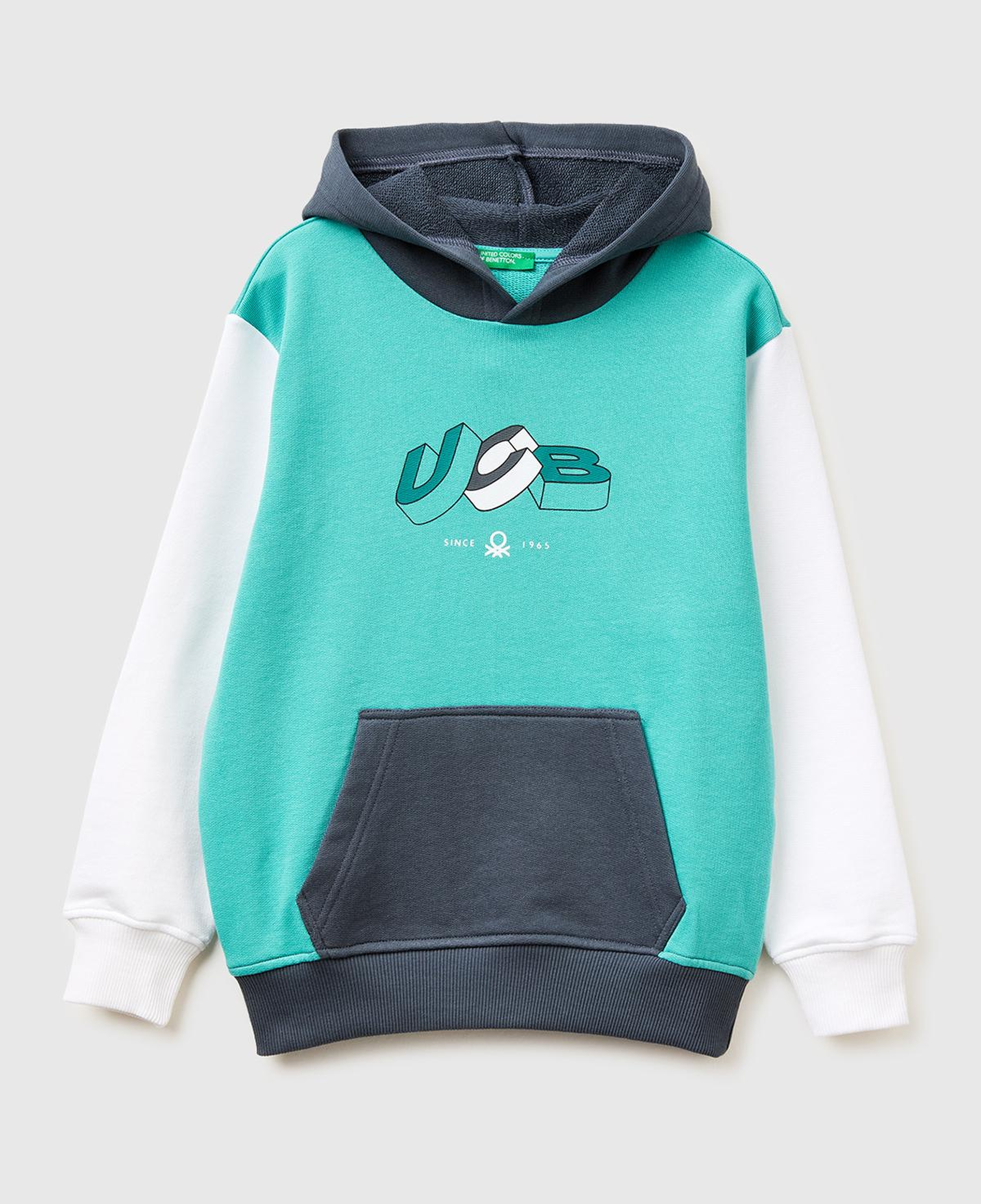 Erkek Çocuk Turkuaz Mix Önü Logo Baskılı Kanguru Cepli Kapüşonlu Sweatshirt