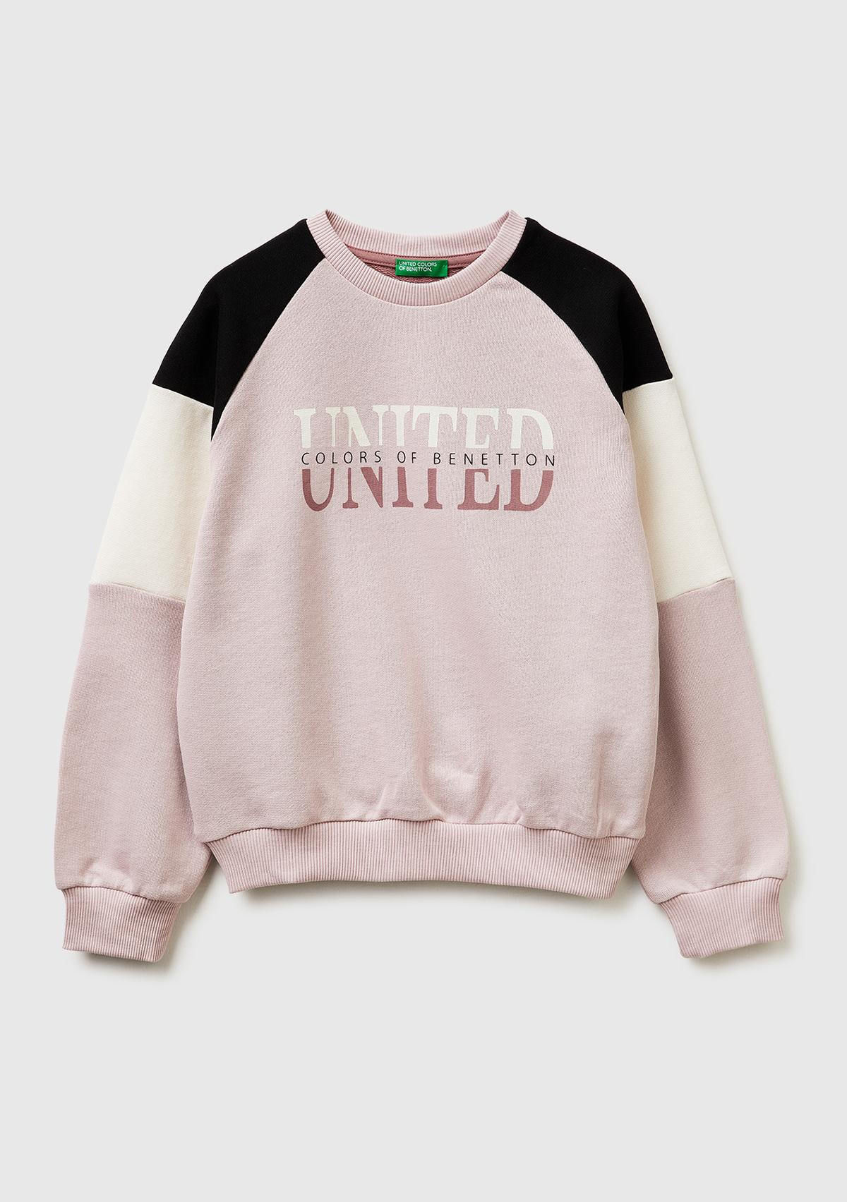 Kız Çocuk Lacivert Renkli Baskılı Kontrast Detaylı Logolu Bisiklet Yaka Sweatshirt