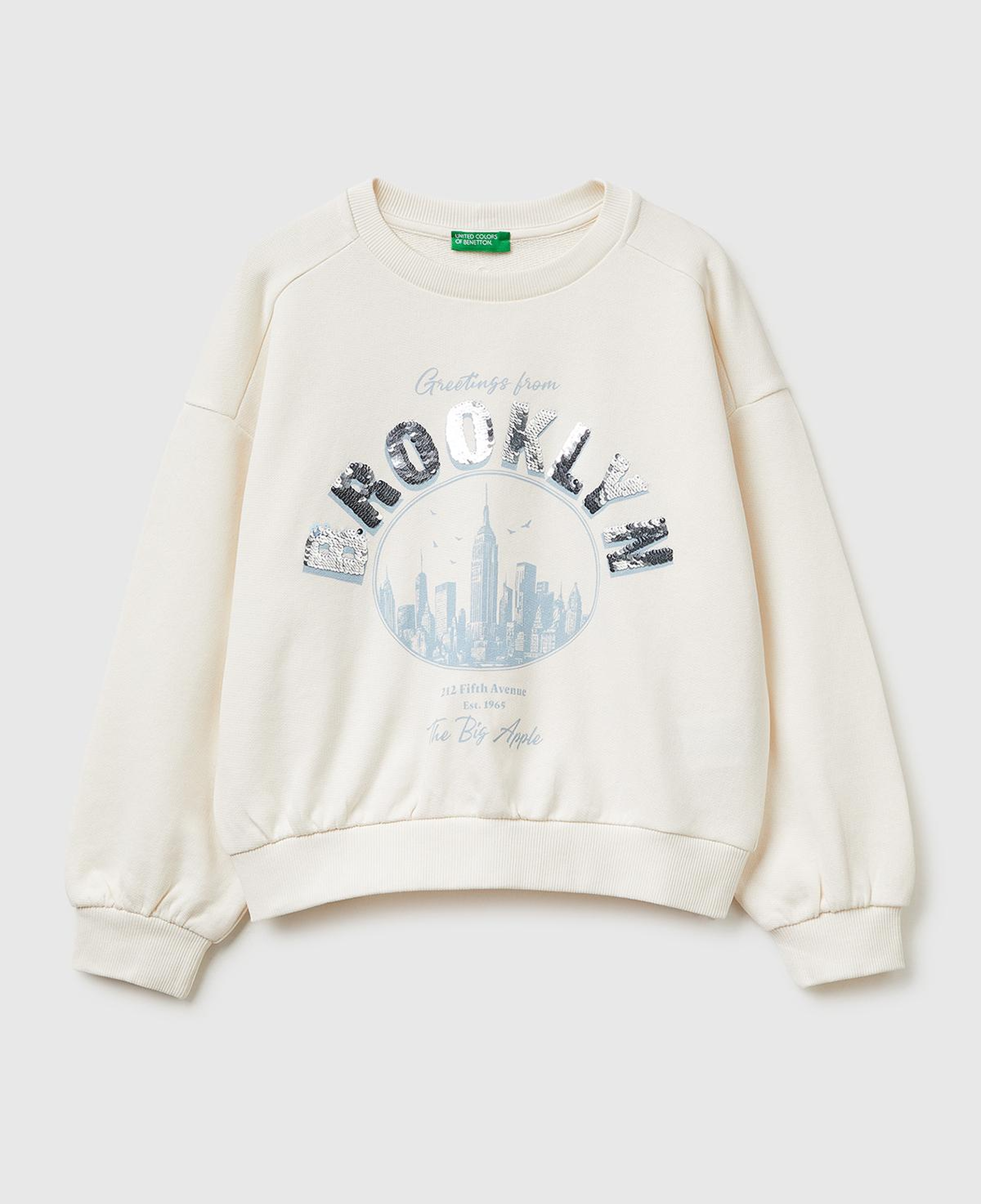 Kız Çocuk Ekru Simli Grafik Baskılı Yuvarlak Yaka Ribanalı Sweatshirt