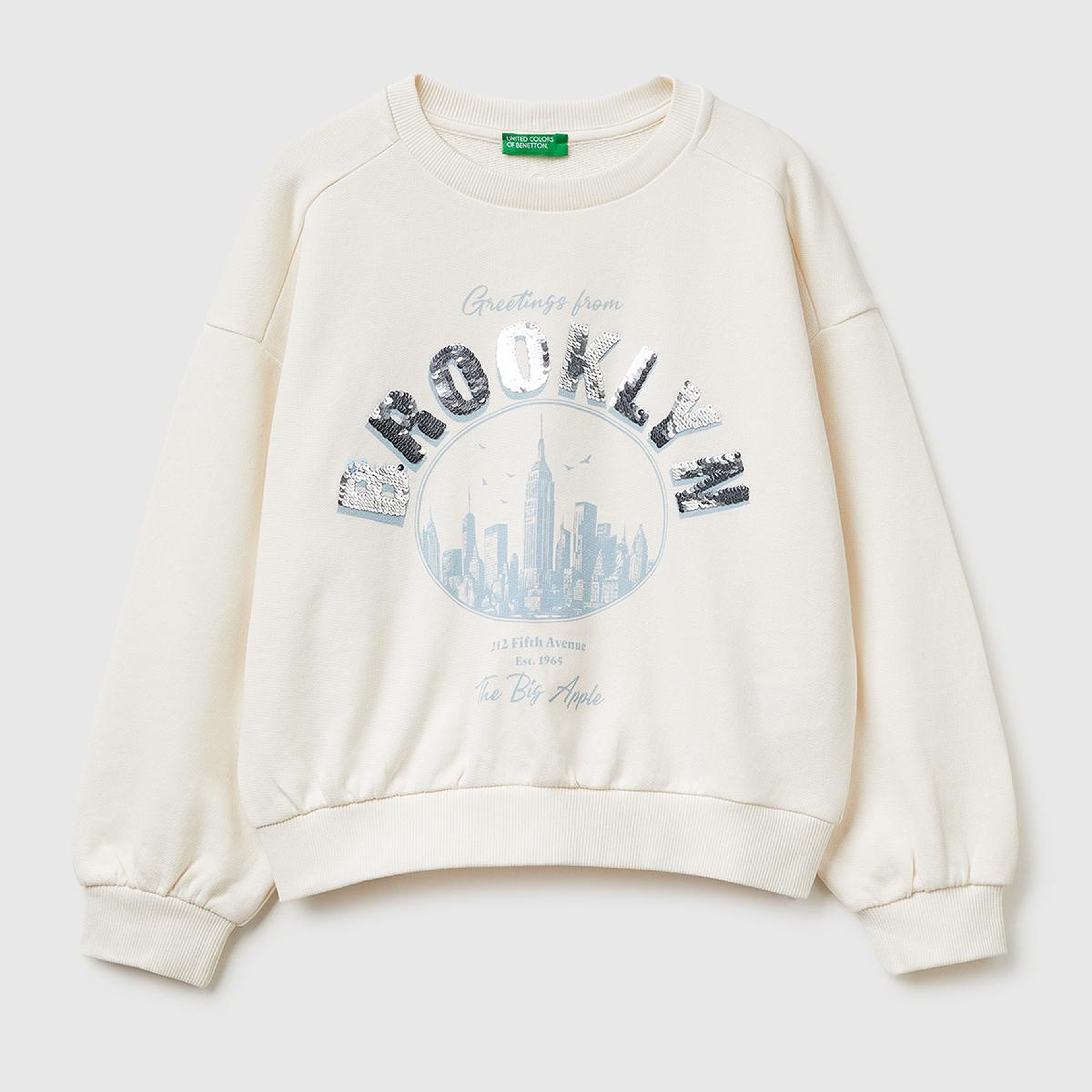 Kız Çocuk Ekru Simli Grafik Baskılı Yuvarlak Yaka Ribanalı Sweatshirt