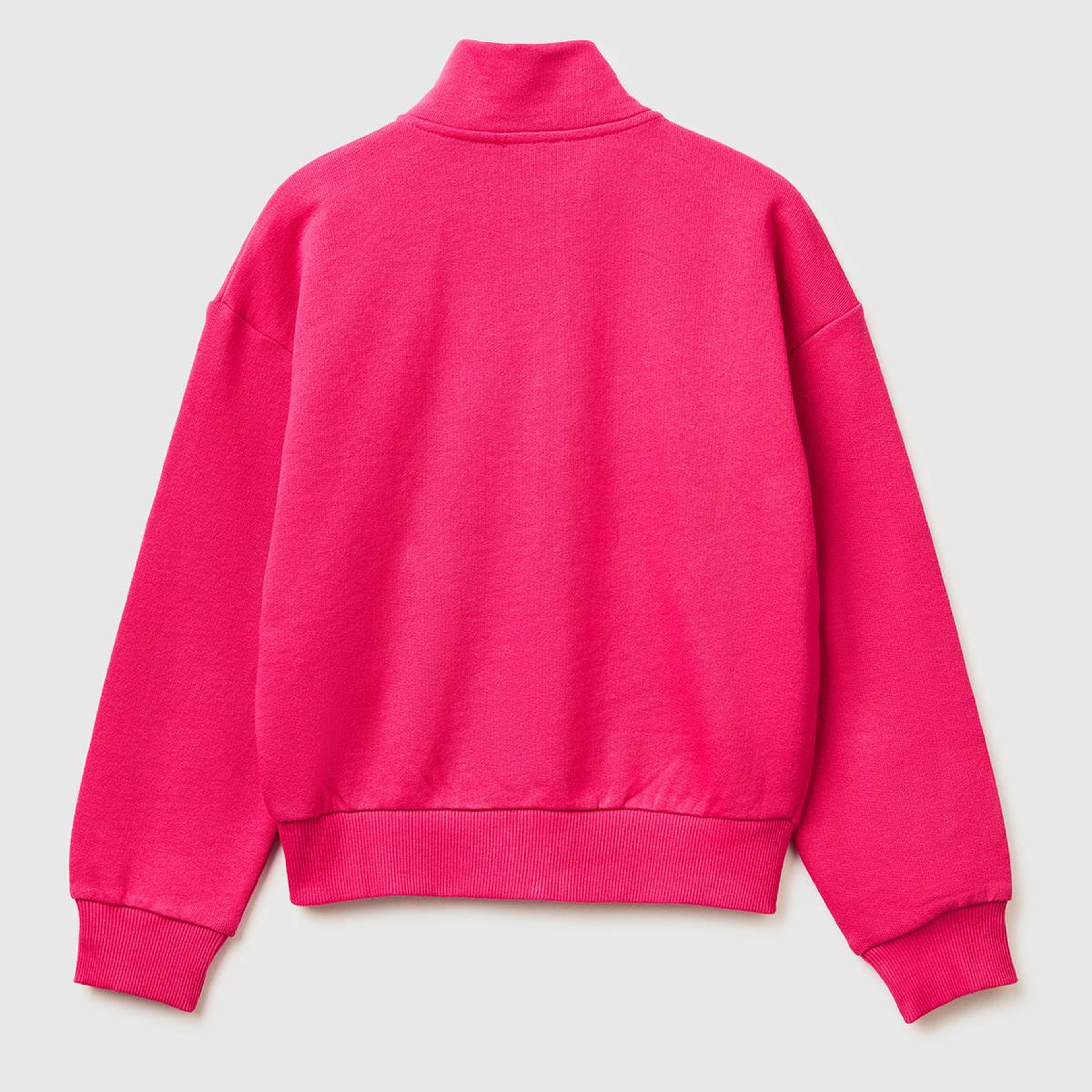 Kız Çocuk Koyu Pembe Simli Logolu Fermuarlı Cepli Yüksek Yaka Sweatshirt