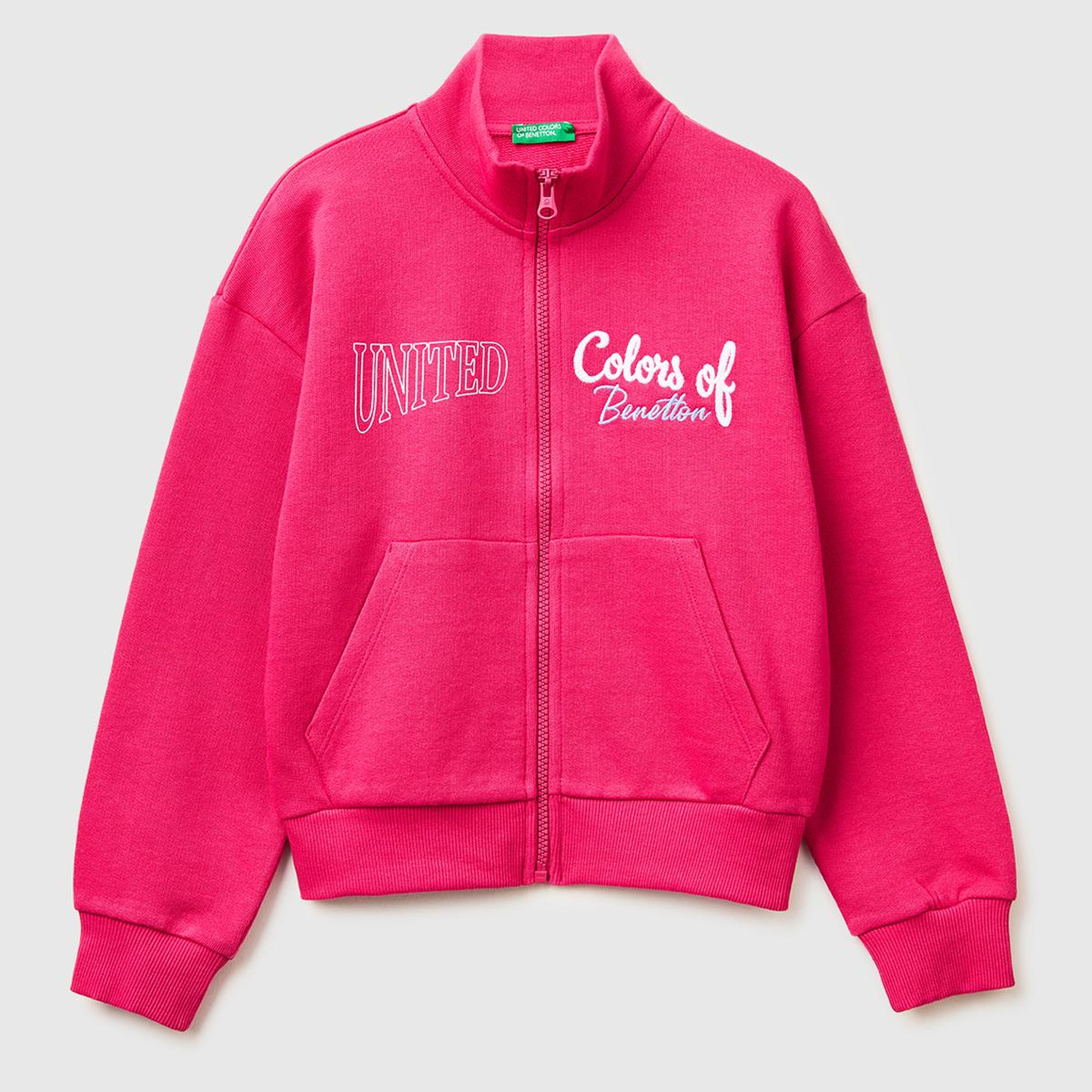 Kız Çocuk Koyu Pembe Simli Logolu Fermuarlı Cepli Yüksek Yaka Sweatshirt