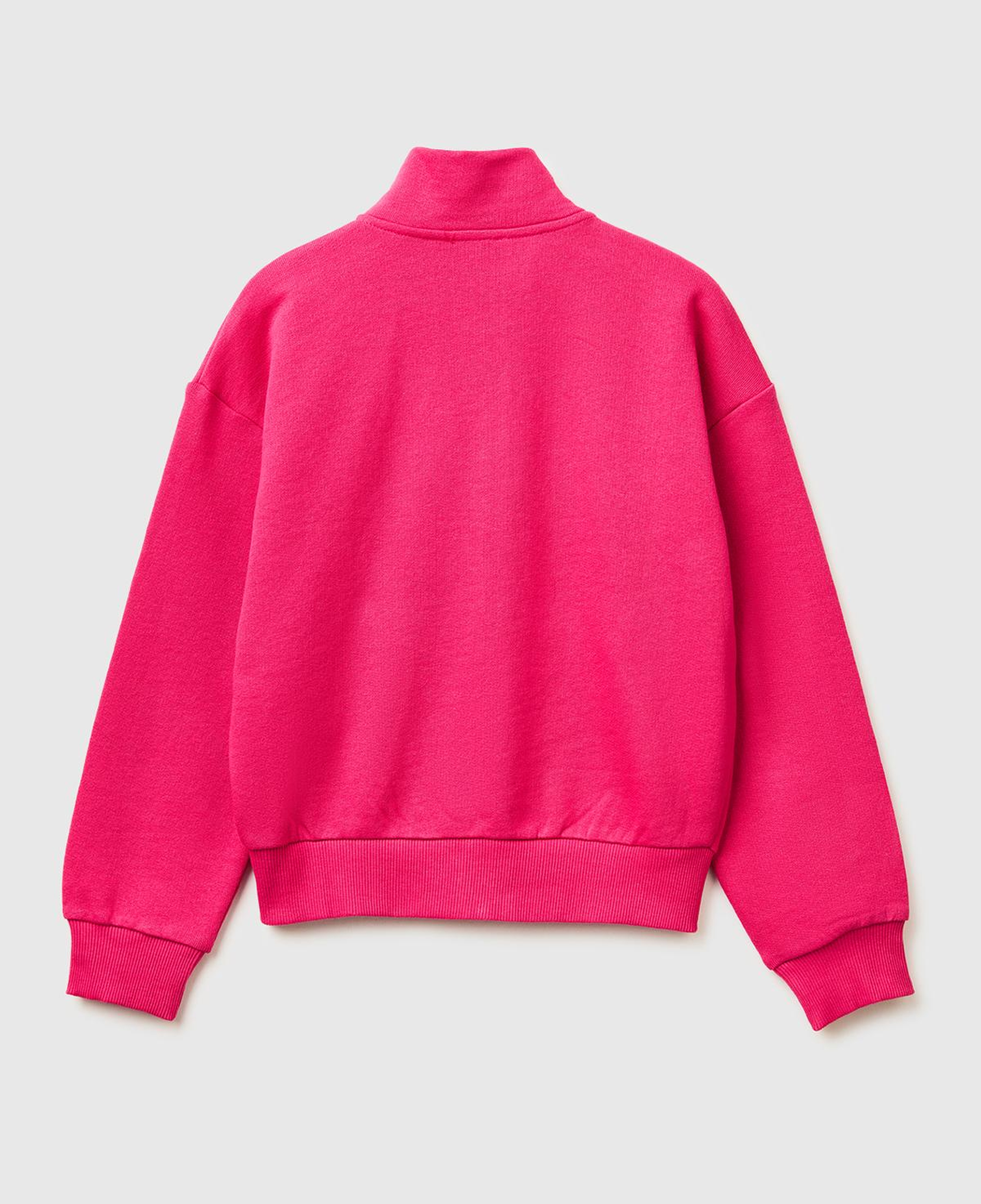 Kız Çocuk Koyu Pembe Simli Logolu Fermuarlı Cepli Yüksek Yaka Sweatshirt
