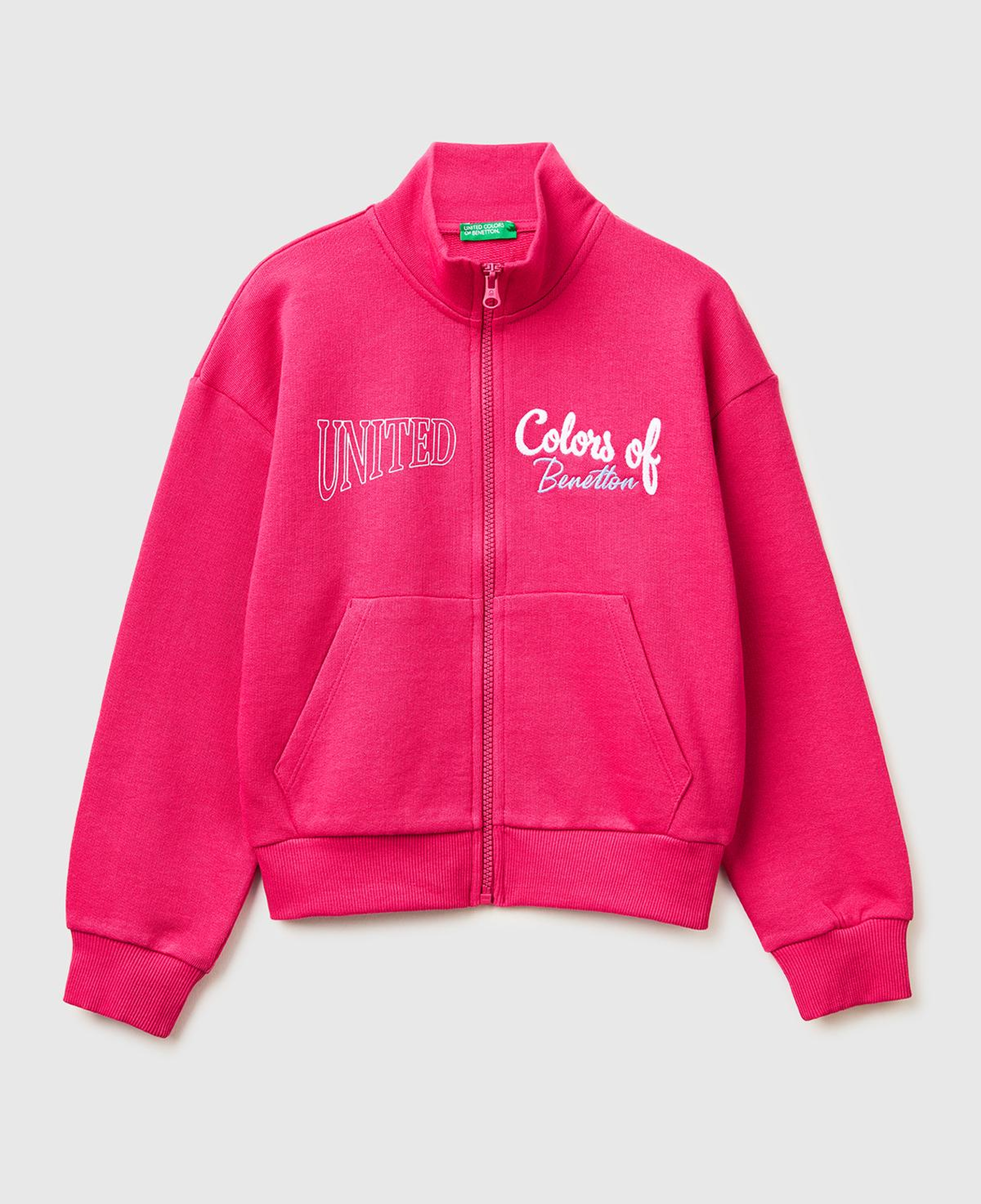 Kız Çocuk Koyu Pembe Simli Logolu Fermuarlı Cepli Yüksek Yaka Sweatshirt