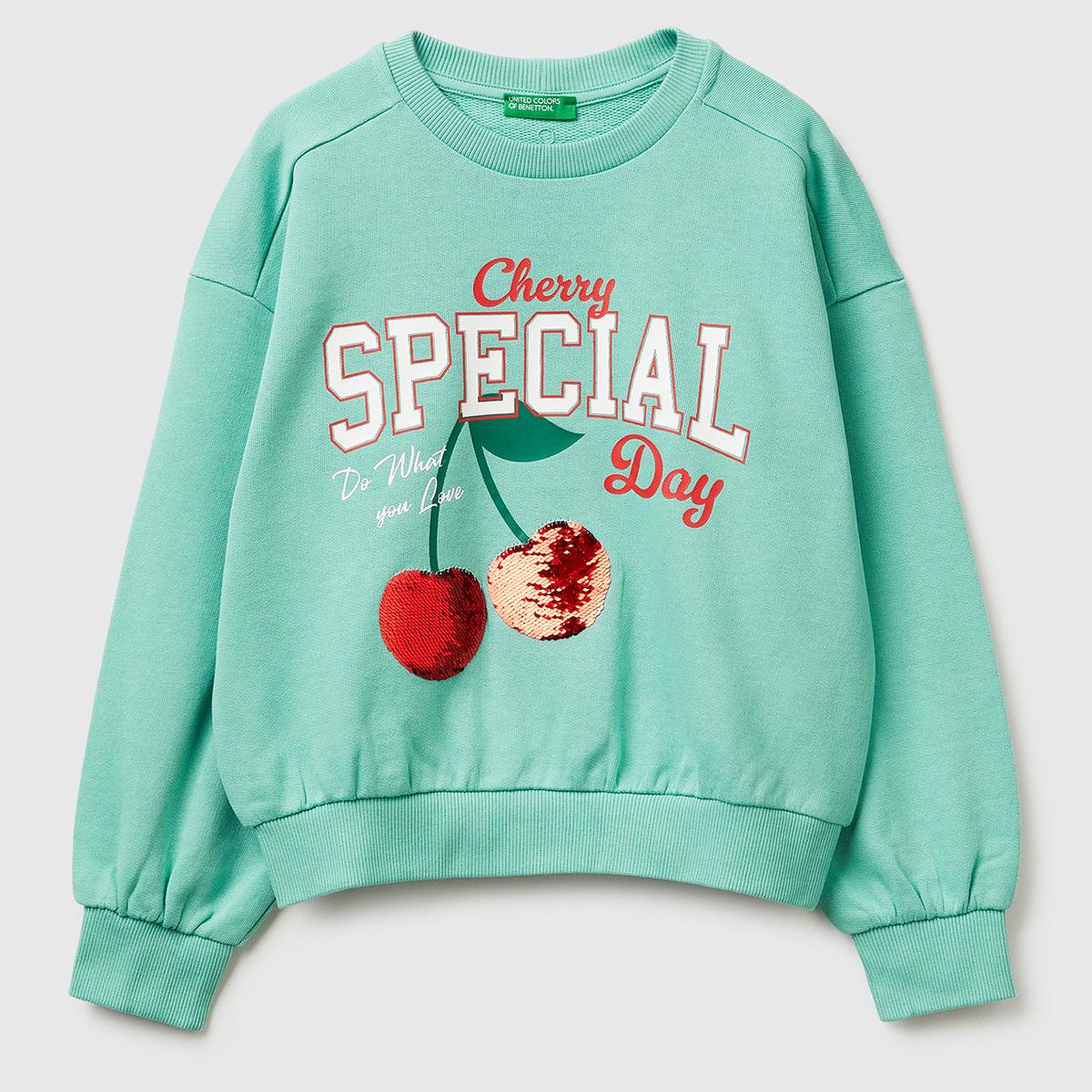 Kız Çocuk Mint Simli Grafik Baskılı Yuvarlak Yaka Ribanalı Sweatshirt