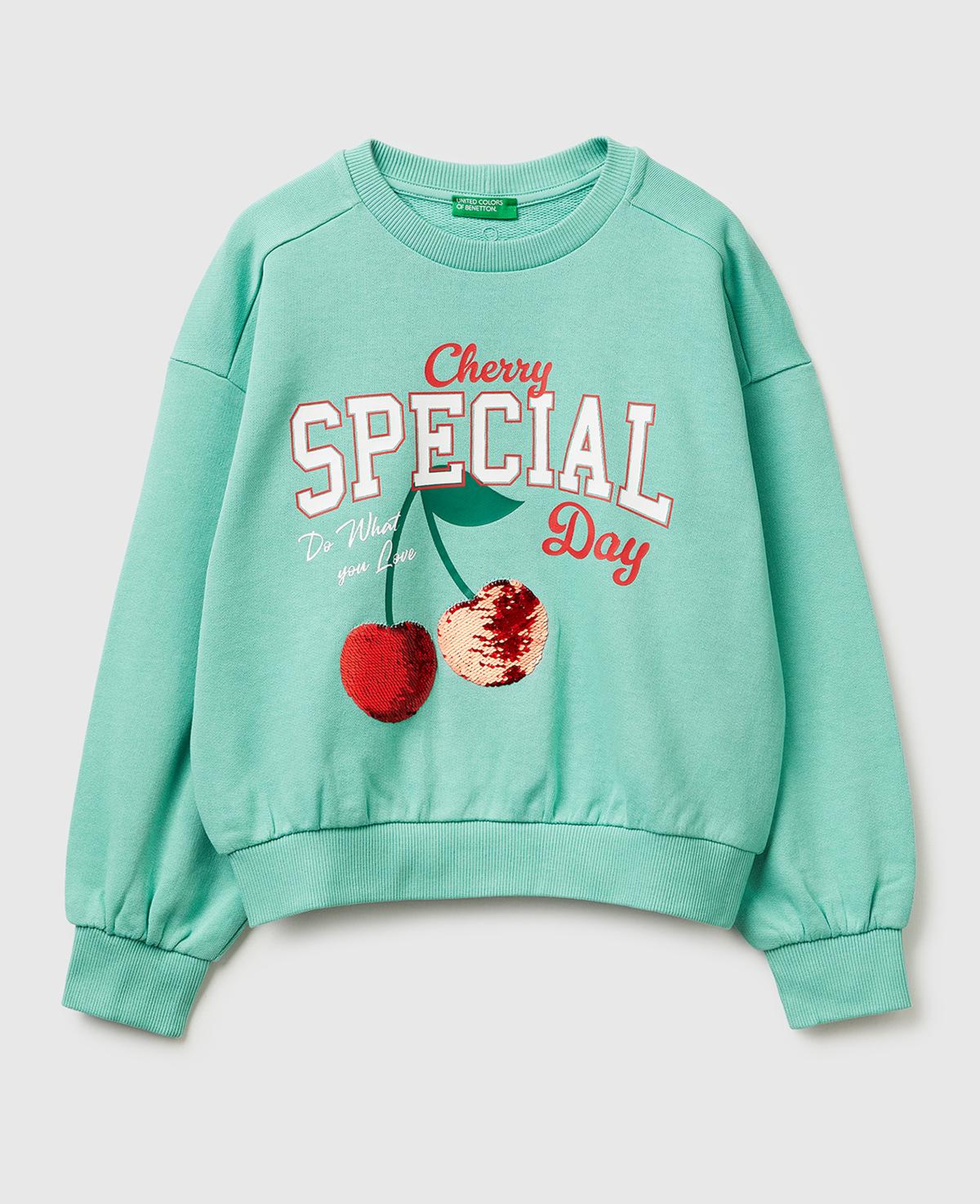 Kız Çocuk Mint Simli Grafik Baskılı Yuvarlak Yaka Ribanalı Sweatshirt