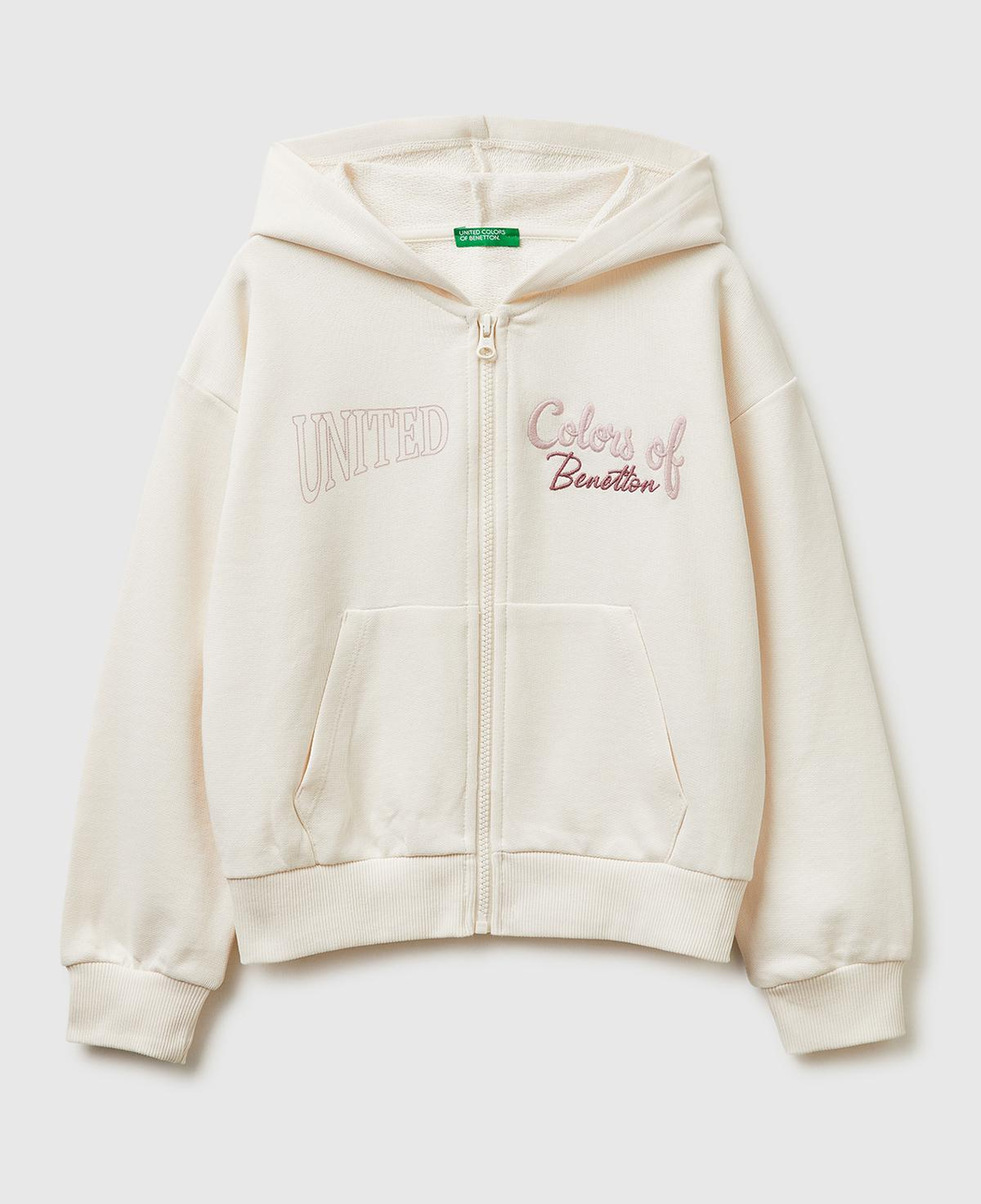 Kız Çocuk Ekru Simli Logolu Fermuarlı Cepli Kapüşonlu Yüksek Yaka Sweatshirt