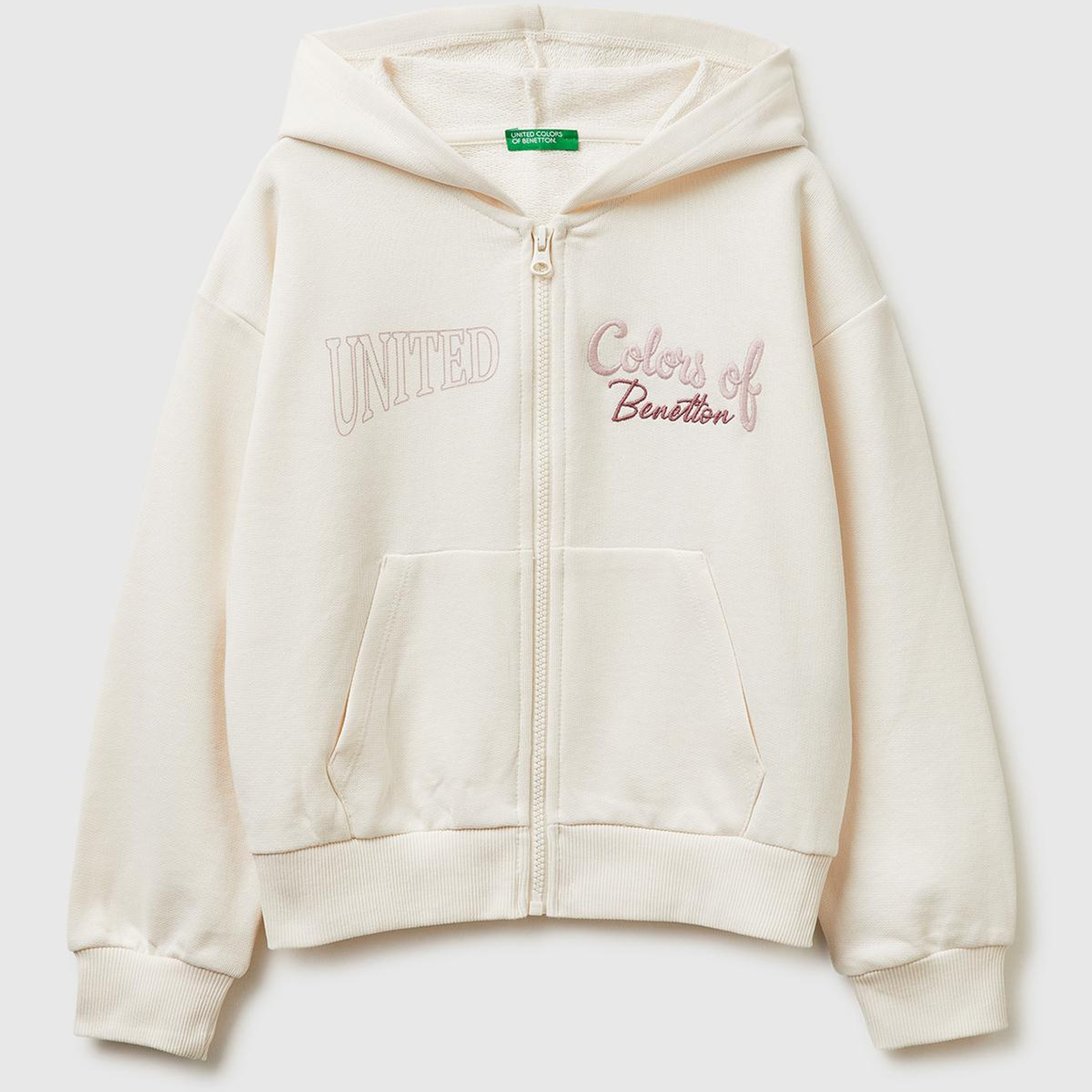 Kız Çocuk Ekru Simli Logolu Fermuarlı Cepli Kapüşonlu Yüksek Yaka Sweatshirt