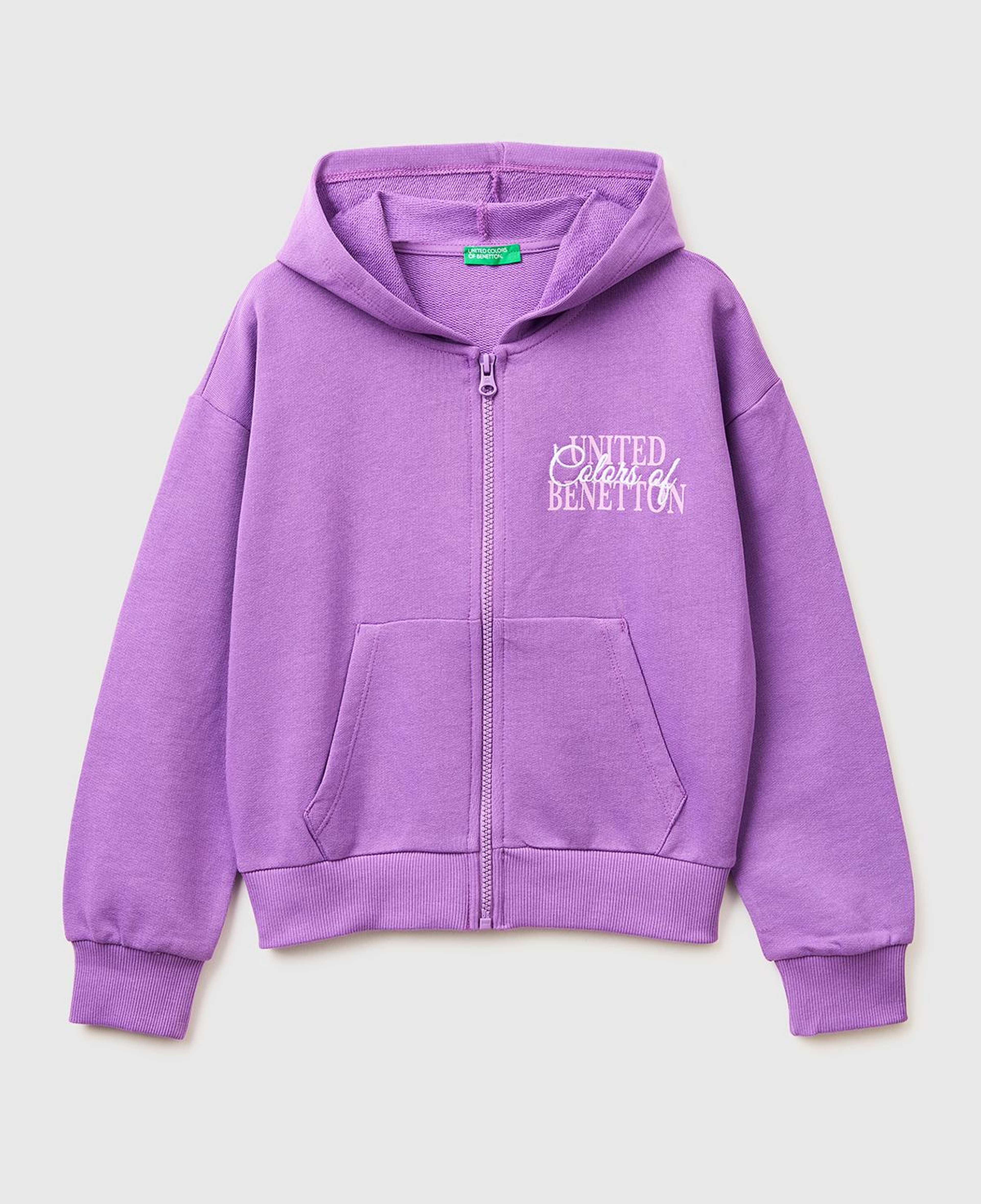 Kız Çocuk Mor Simli Logolu Fermuarlı Cepli Kapüşonlu Yüksek Yaka Sweatshirt