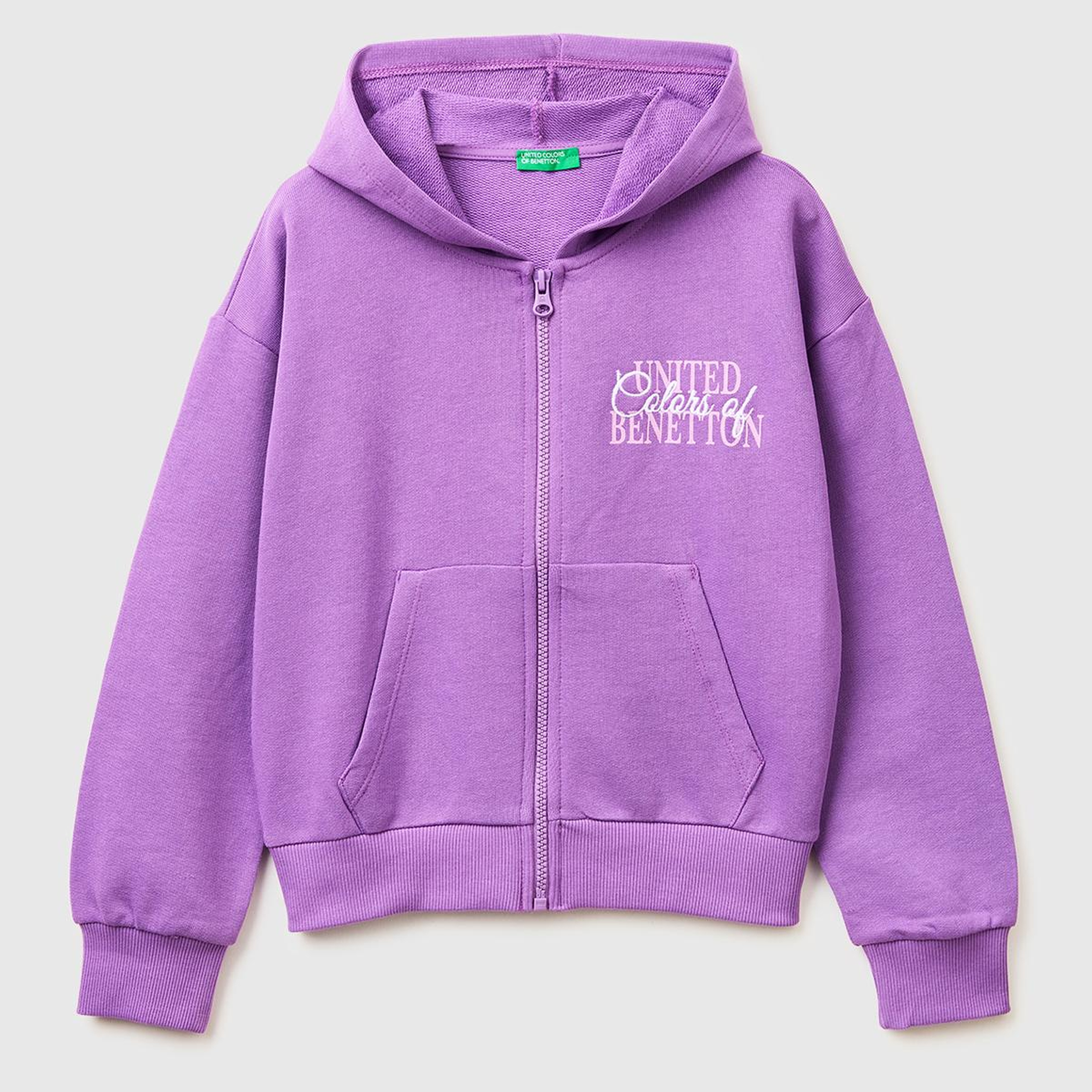 Kız Çocuk Mor Simli Logolu Fermuarlı Cepli Kapüşonlu Yüksek Yaka Sweatshirt