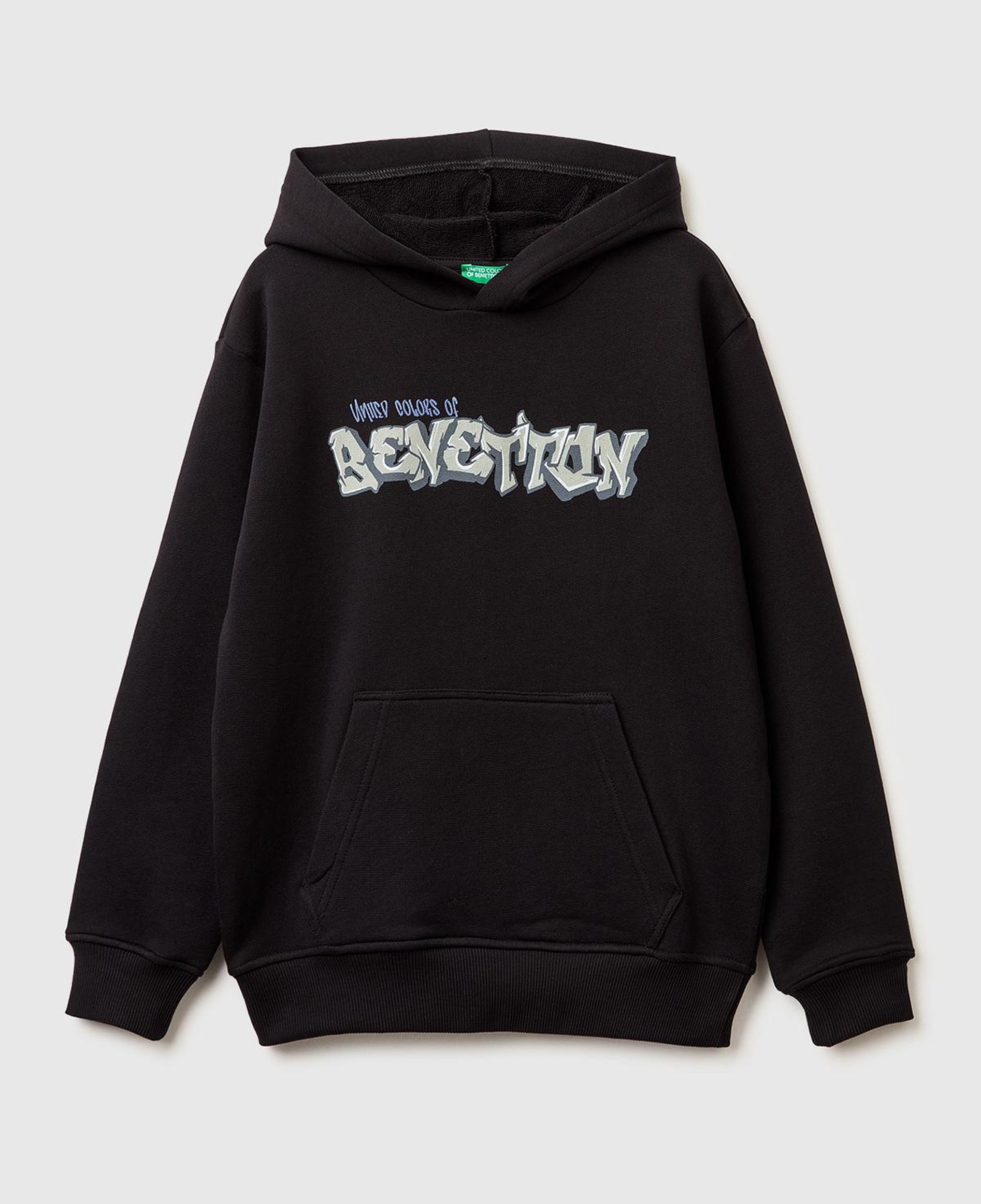 Erkek Çocuk Siyah Önü Logo Baskılı Kanguru Cepli Kapüşonlu Sweatshirt