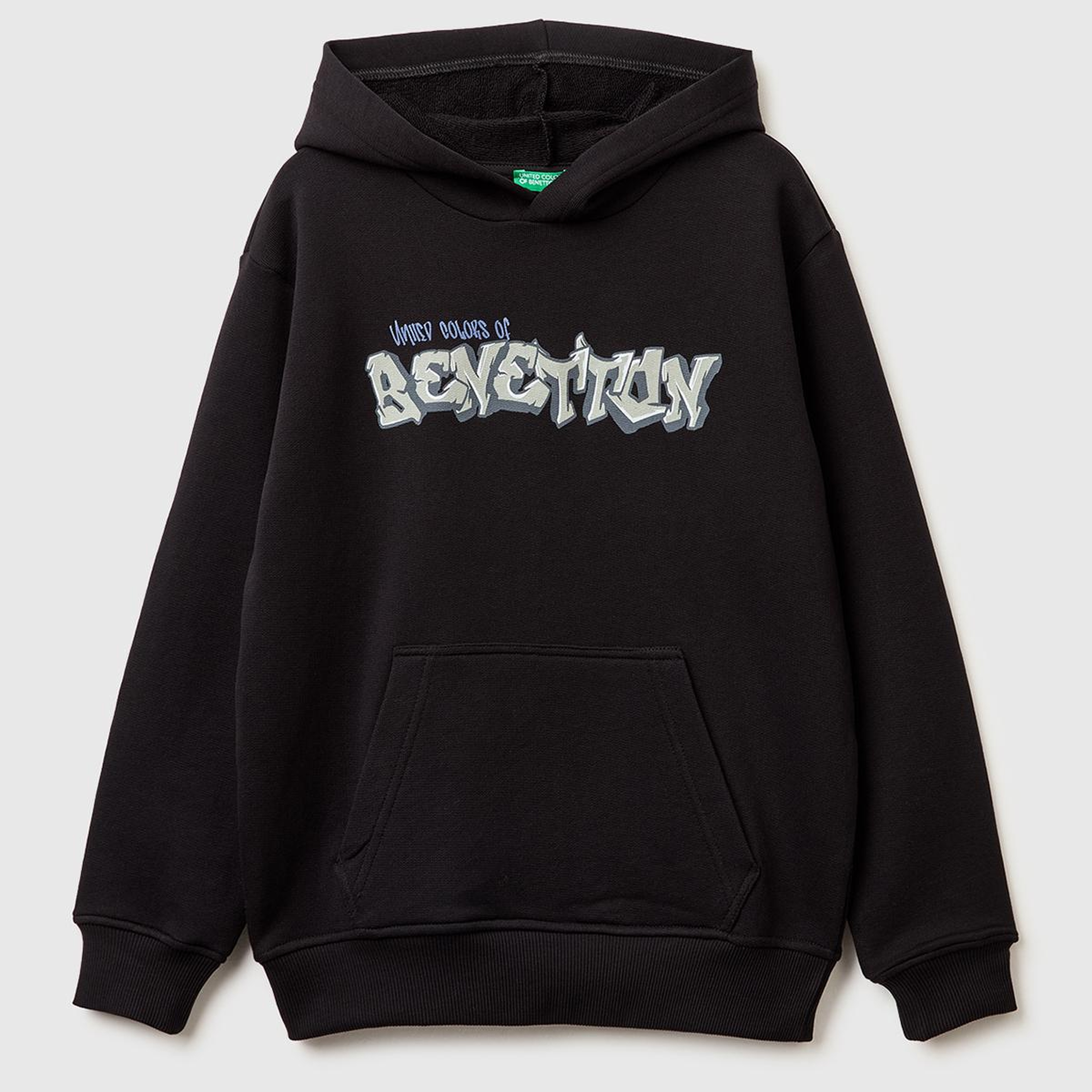 Erkek Çocuk Siyah Önü Logo Baskılı Kanguru Cepli Kapüşonlu Sweatshirt