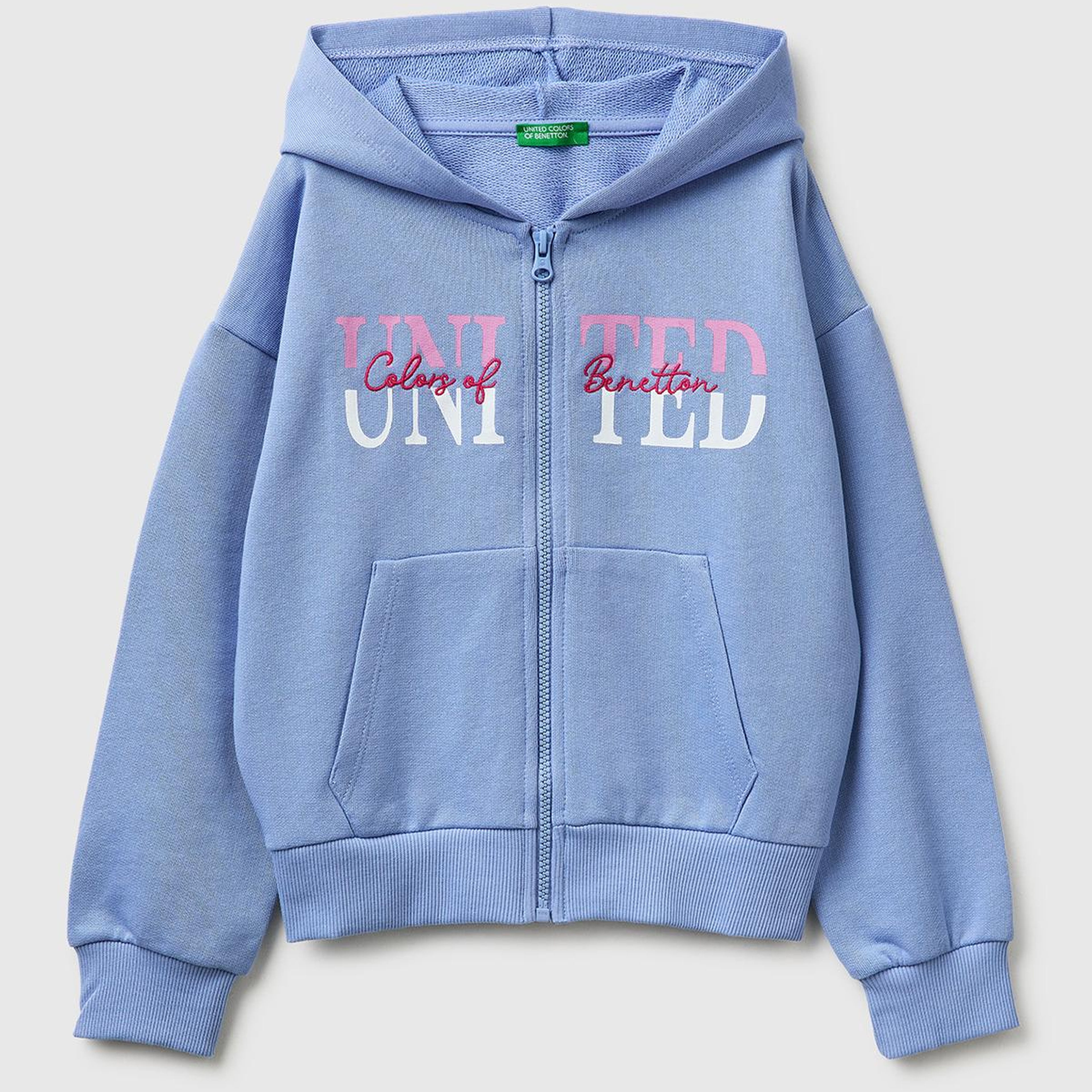 Kız Çocuk Havacı Mavi Simli Logolu Fermuarlı Cepli Kapüşonlu Yüksek Yaka Sweatshirt