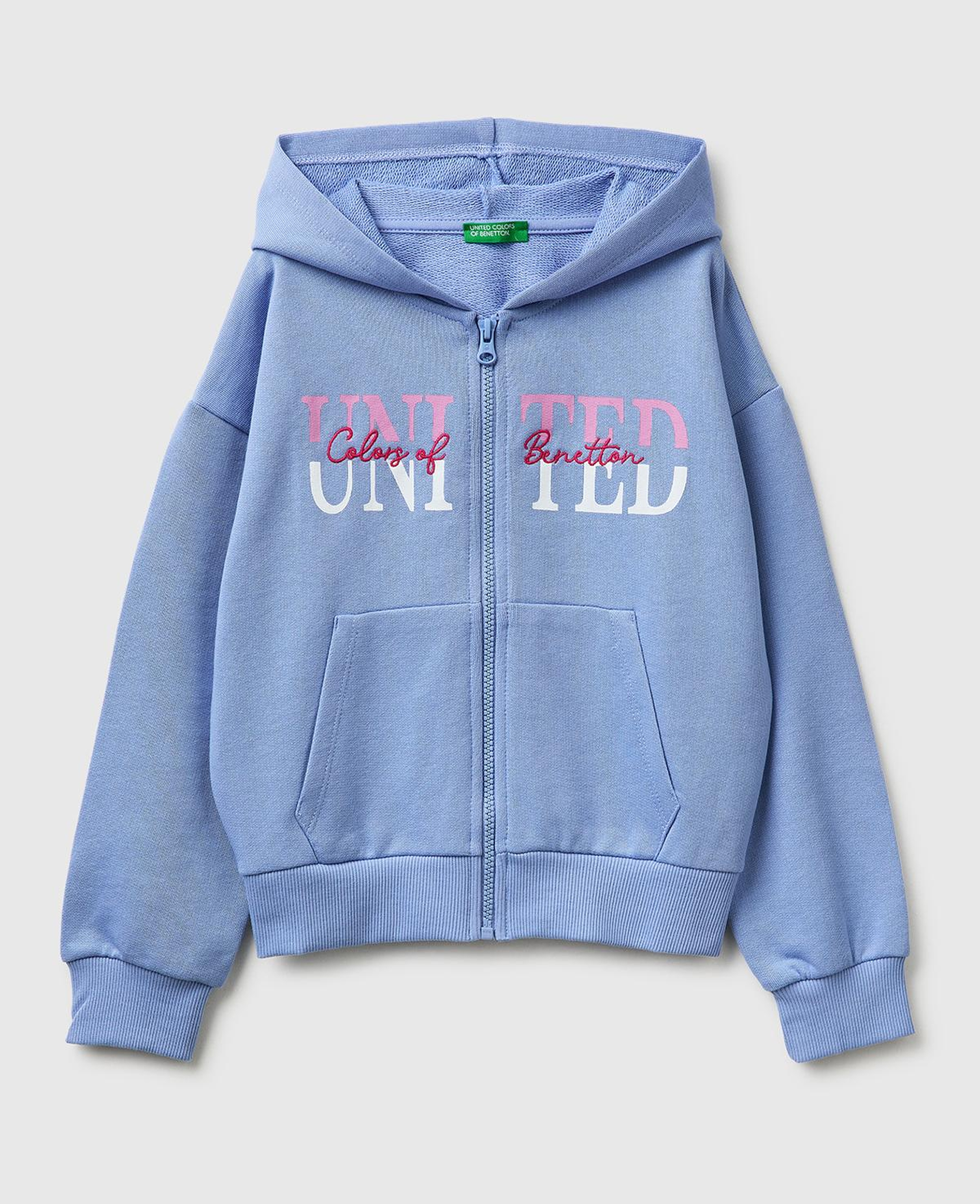 Kız Çocuk Havacı Mavi Simli Logolu Fermuarlı Cepli Kapüşonlu Yüksek Yaka Sweatshirt