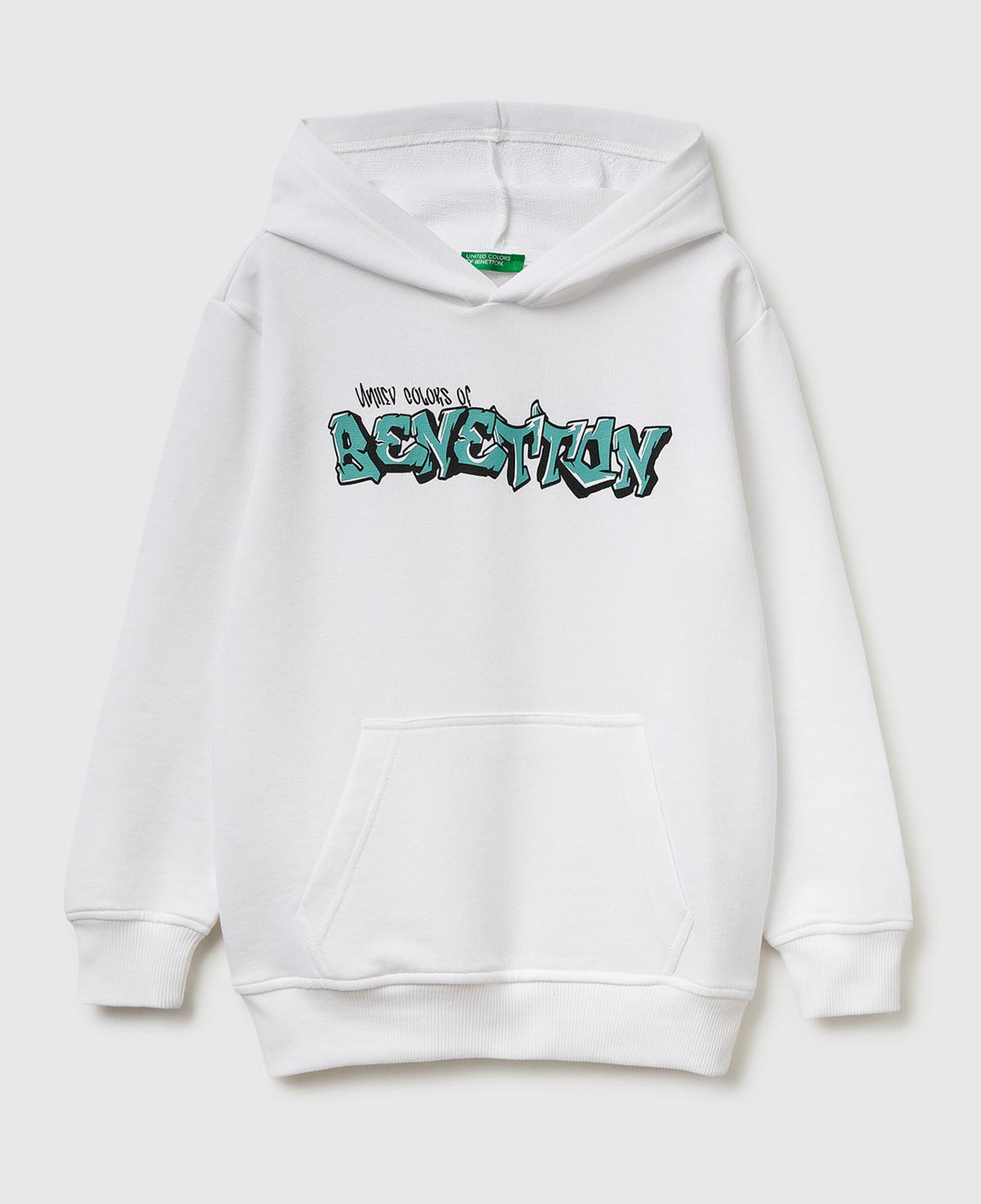 Erkek Çocuk Beyaz Önü Logo Baskılı Kanguru Cepli Kapüşonlu Sweatshirt