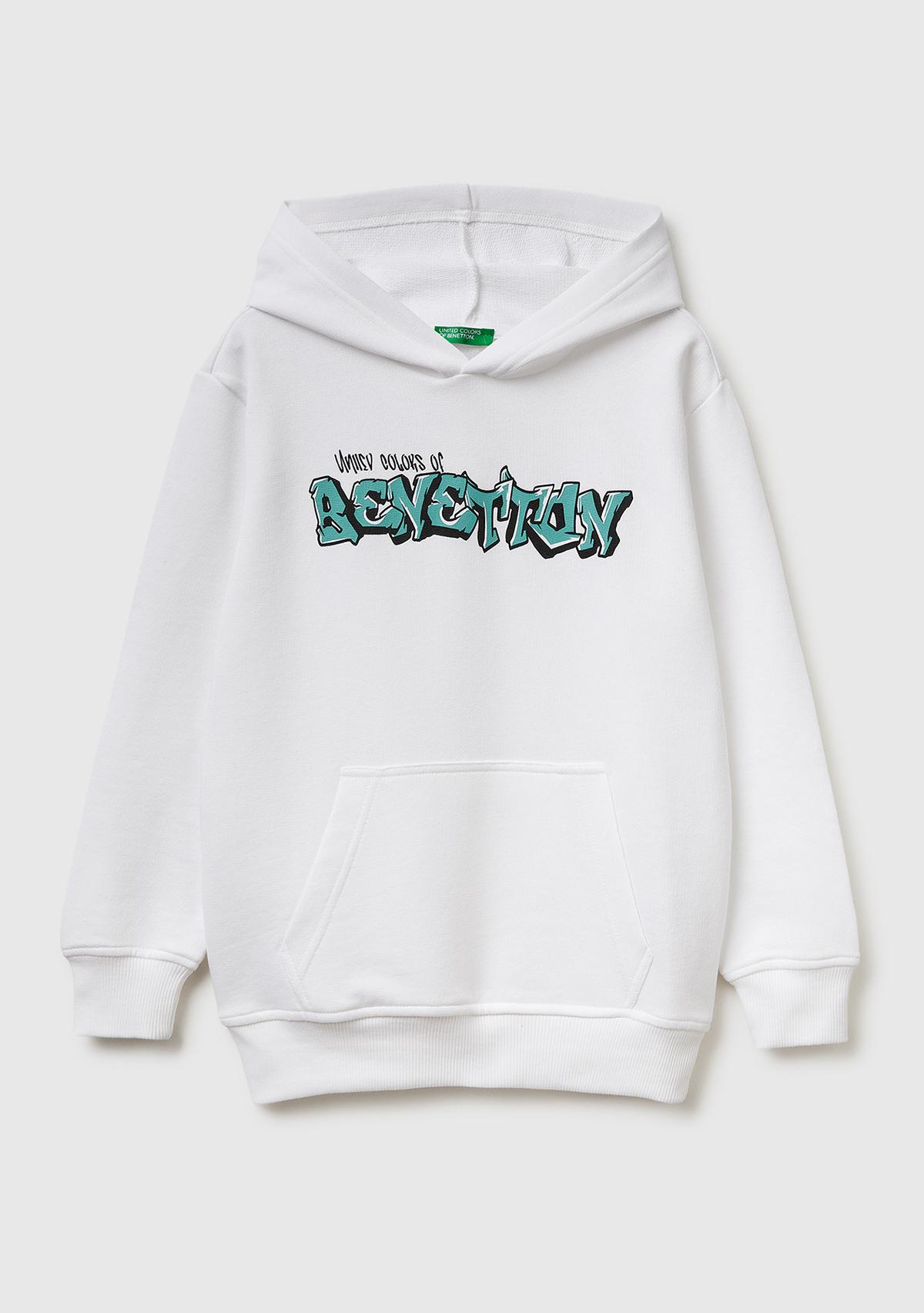 Erkek Çocuk Beyaz Önü Logo Baskılı Kanguru Cepli Kapüşonlu Sweatshirt