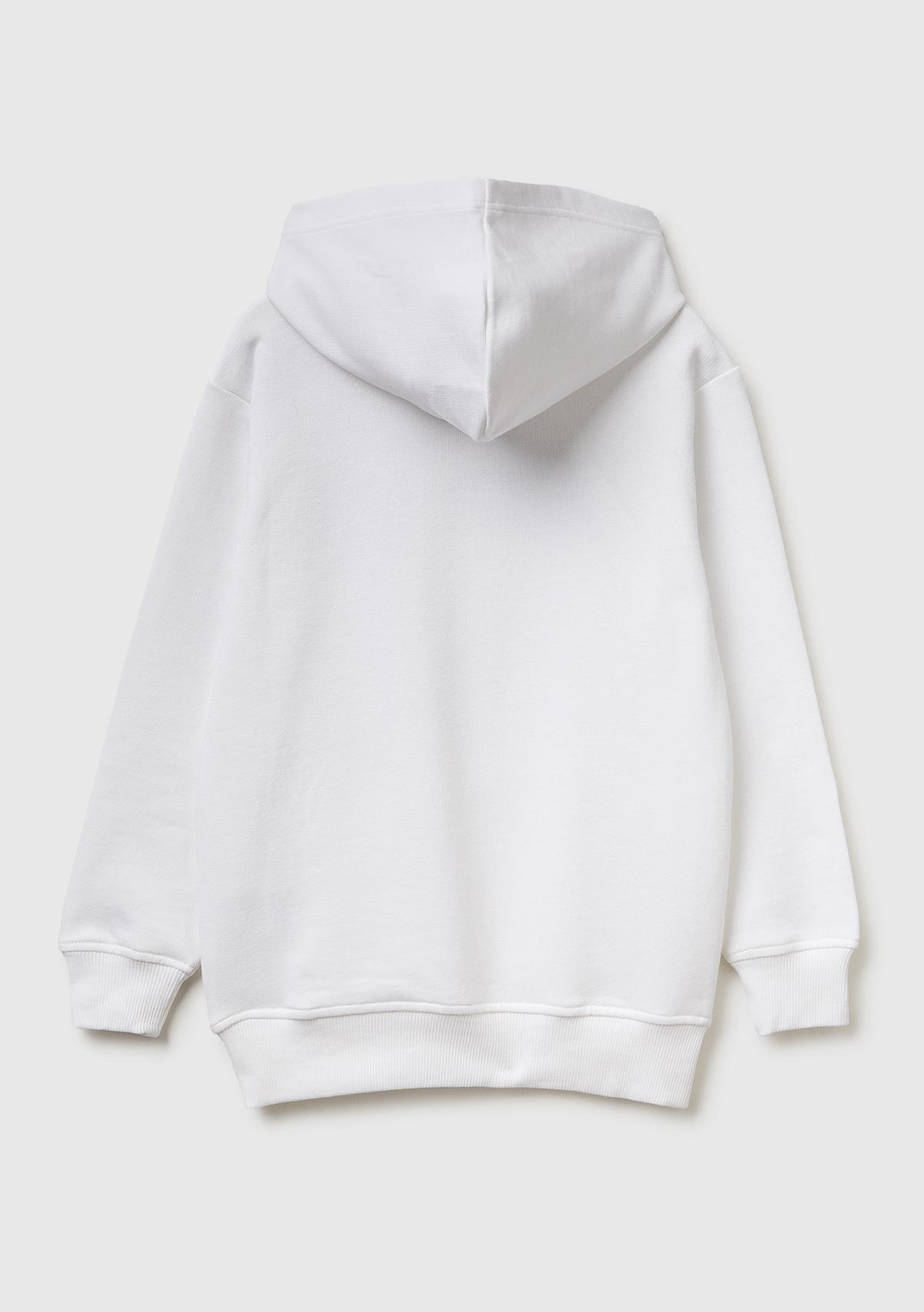 Erkek Çocuk Beyaz Önü Logo Baskılı Kanguru Cepli Kapüşonlu Sweatshirt