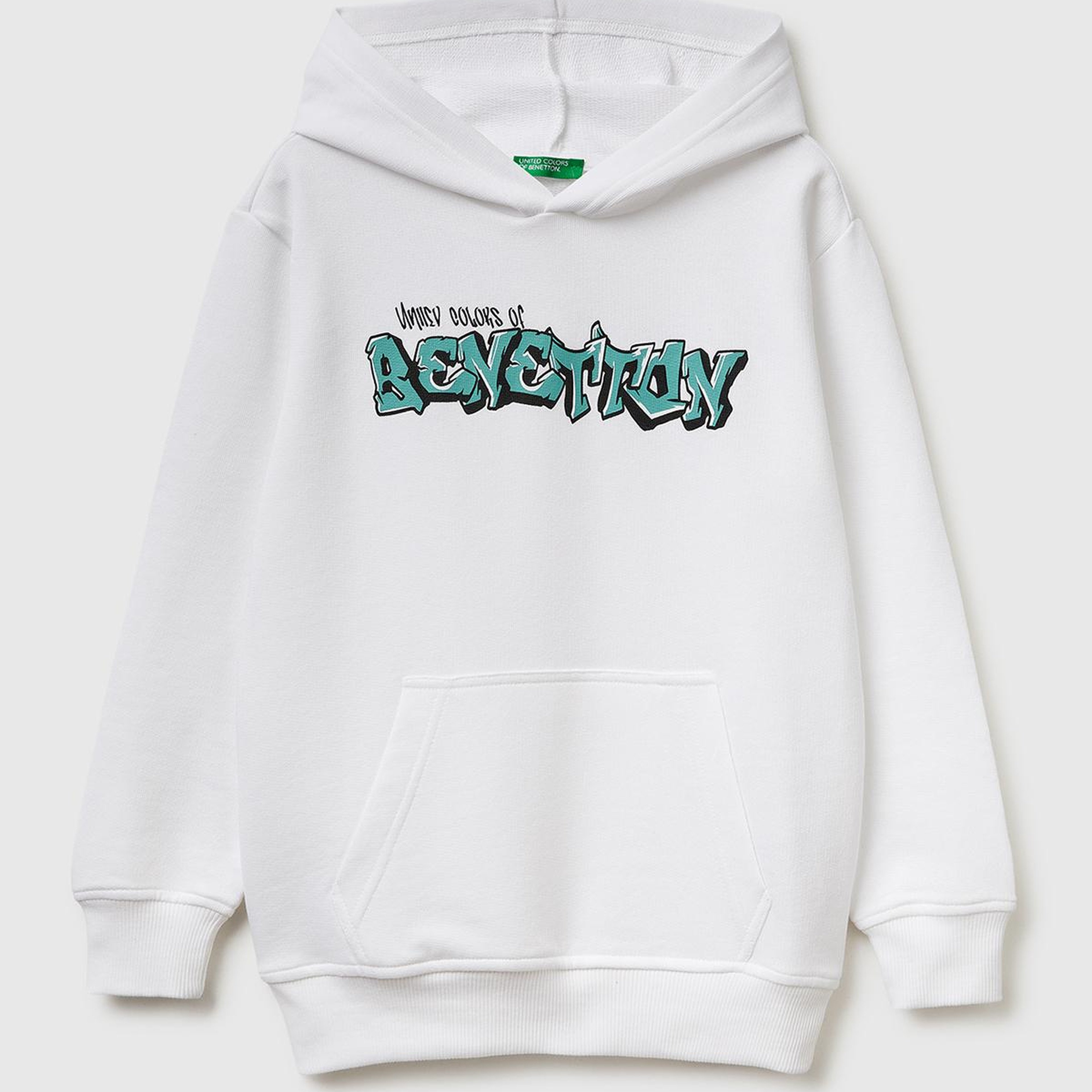 Erkek Çocuk Beyaz Önü Logo Baskılı Kanguru Cepli Kapüşonlu Sweatshirt